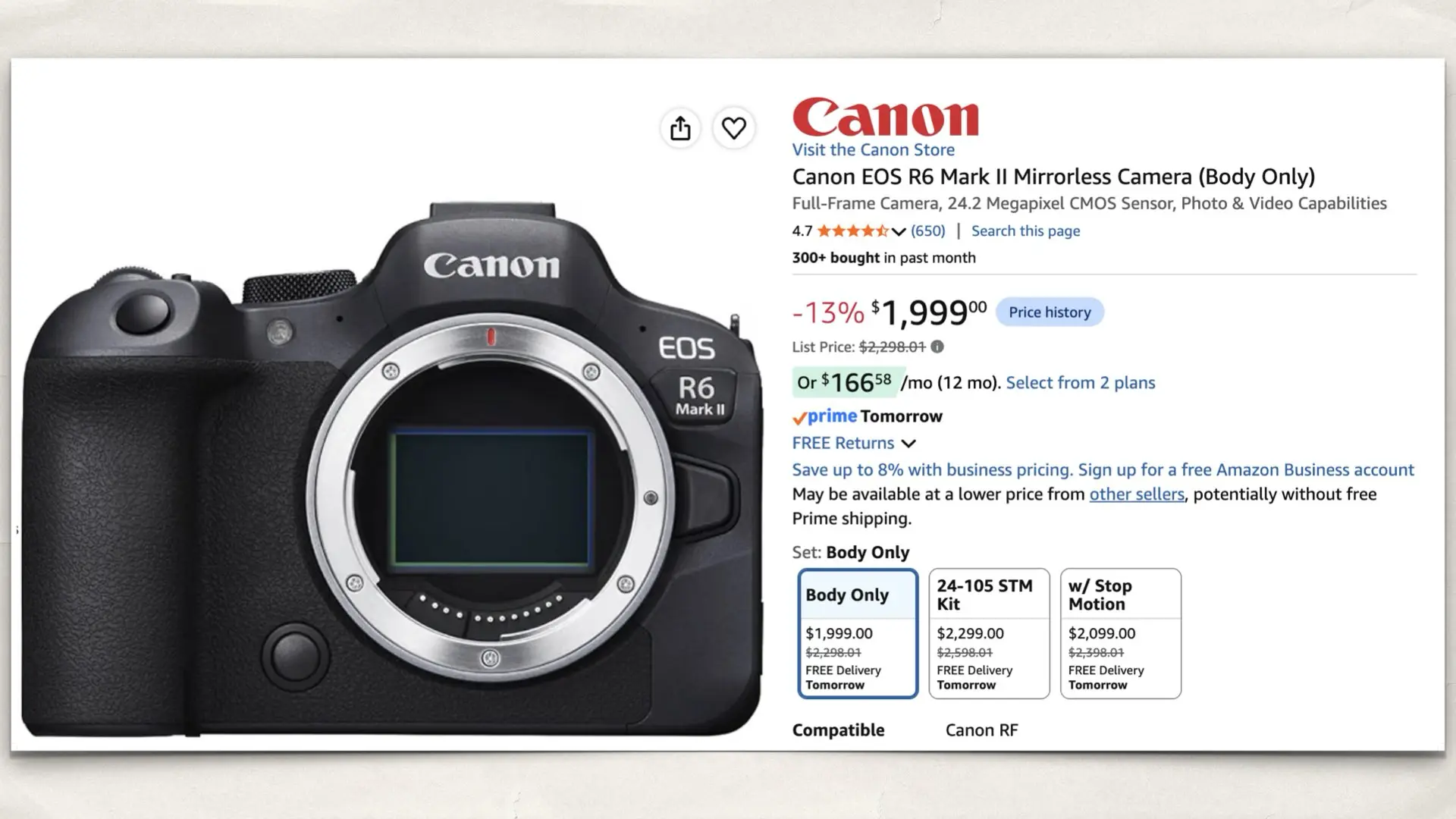 Canon EOS R6 Mark II on Amazon