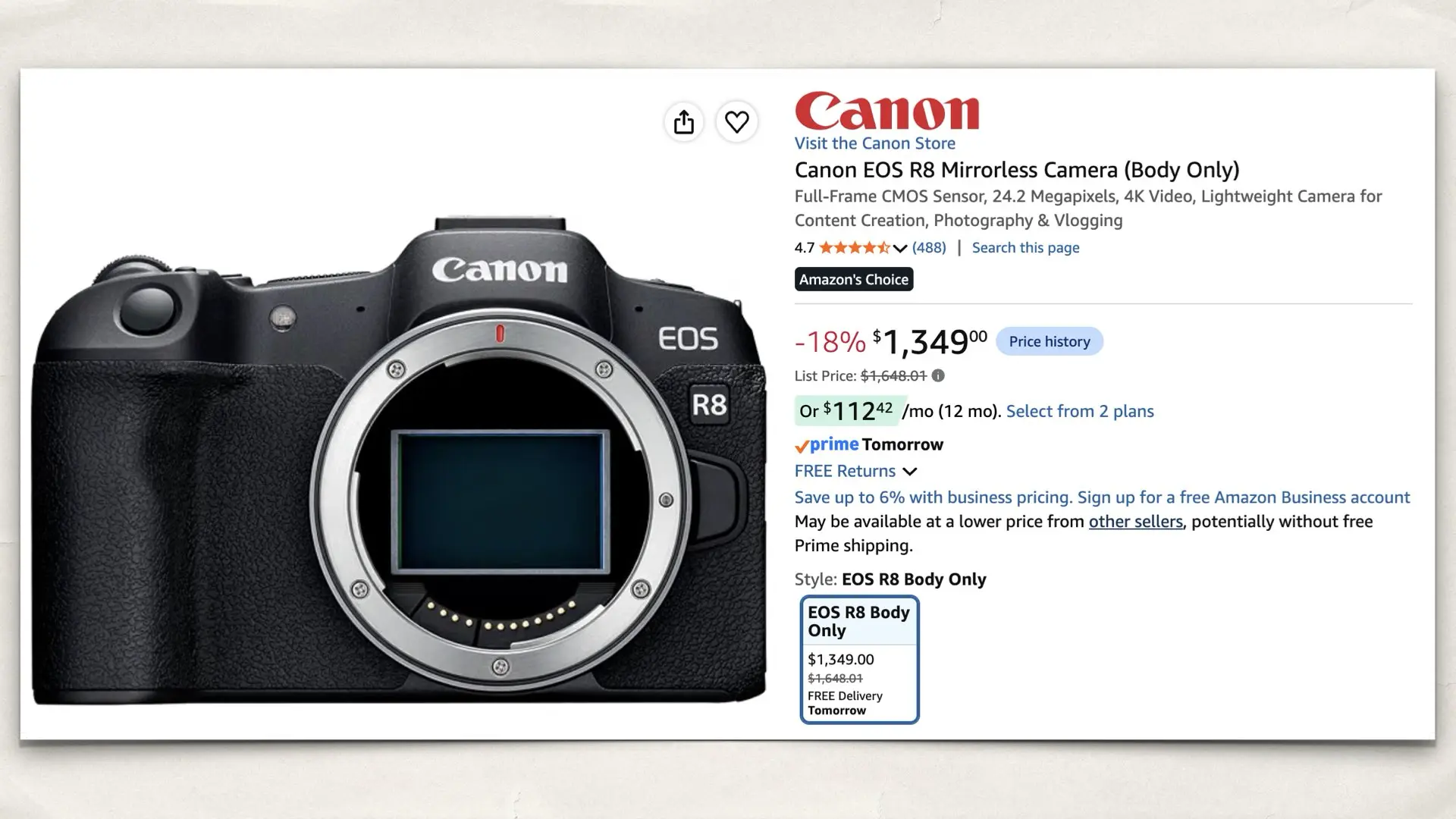 Canon EOS R8 on Amazon