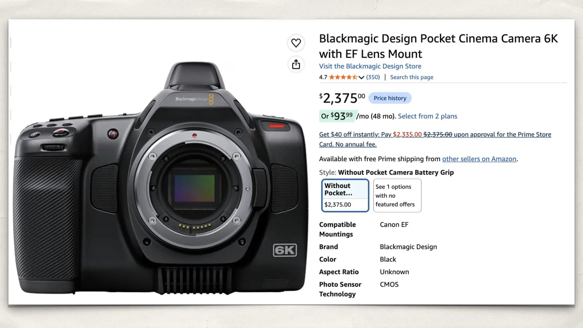 Blackmagic Design Pocket Cinema Camera 6K with EF Lens Mount on Amazon