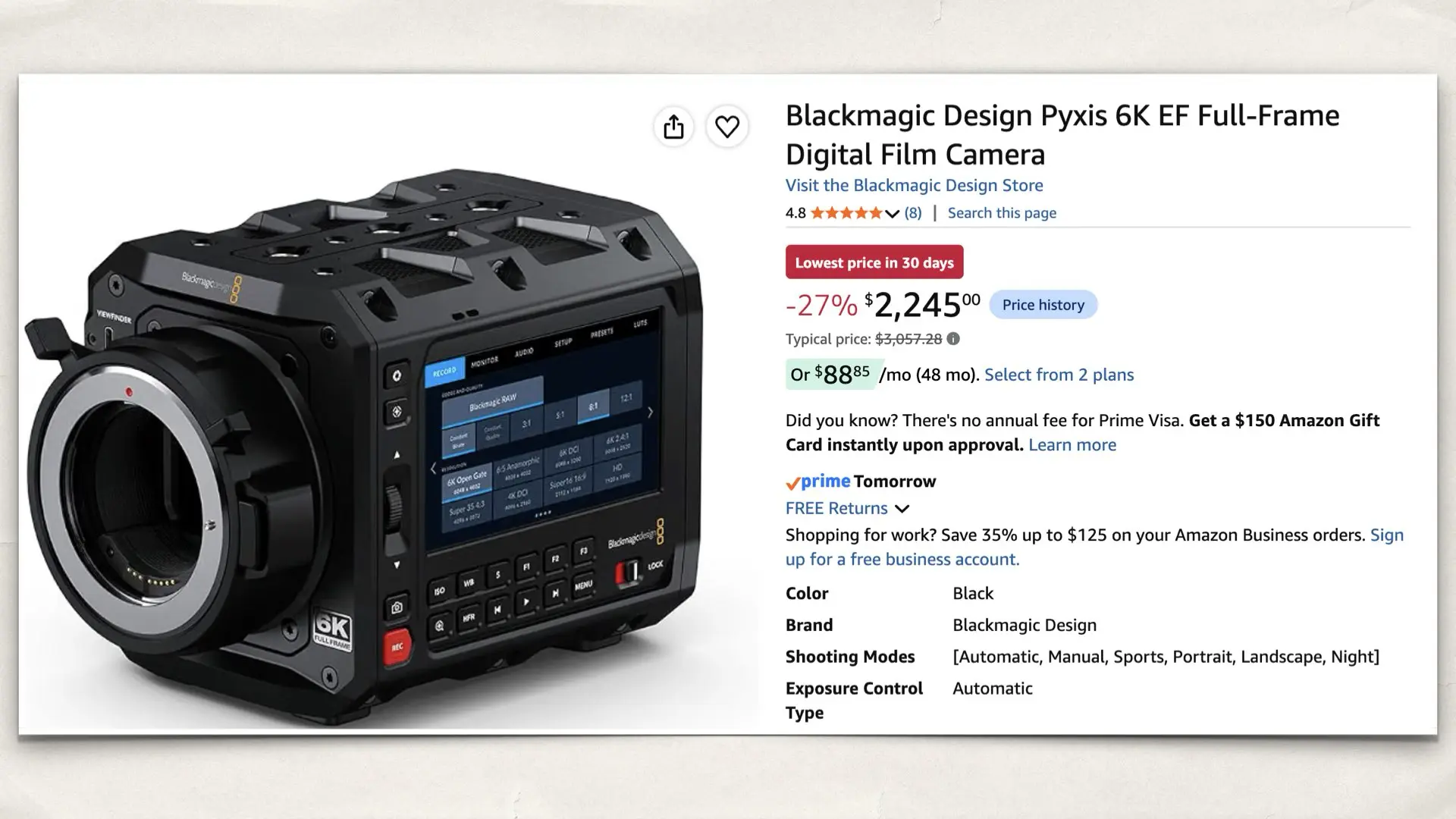 Blackmagic Design Pyxis 6K EF Full-Frame Digital Film Camera on Amazon