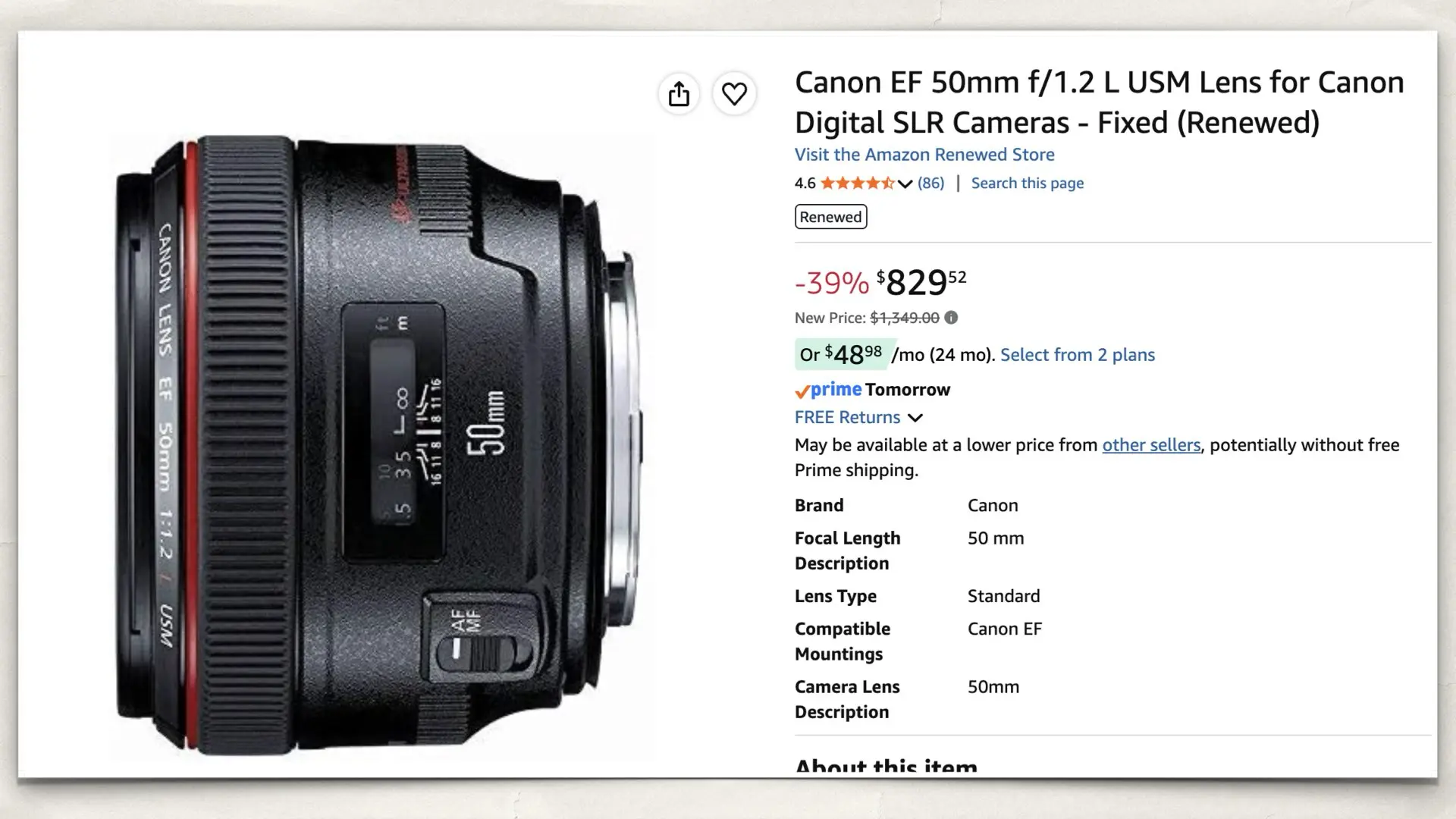 Canon EF 50mm f/1.2 L USM on Amazon