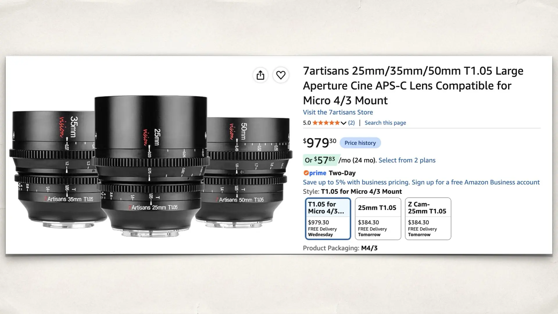 7artisans 25mm/35mm/50mm T1.05 Large Aperture Cine APS-C Lens Compatible for Micro 4/3 Mount on Amazon