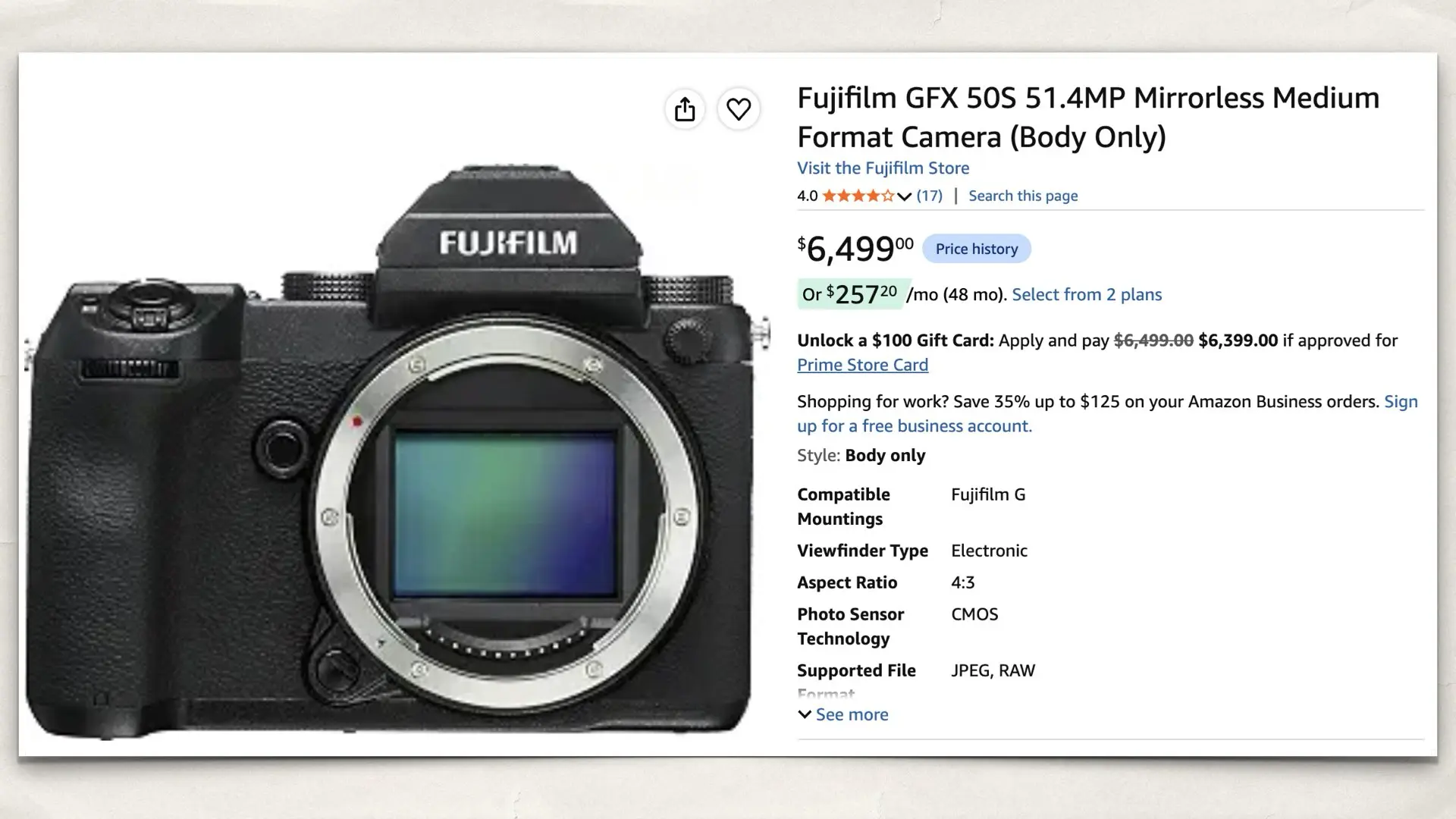 Fujifilm GFX 50S on Amazon