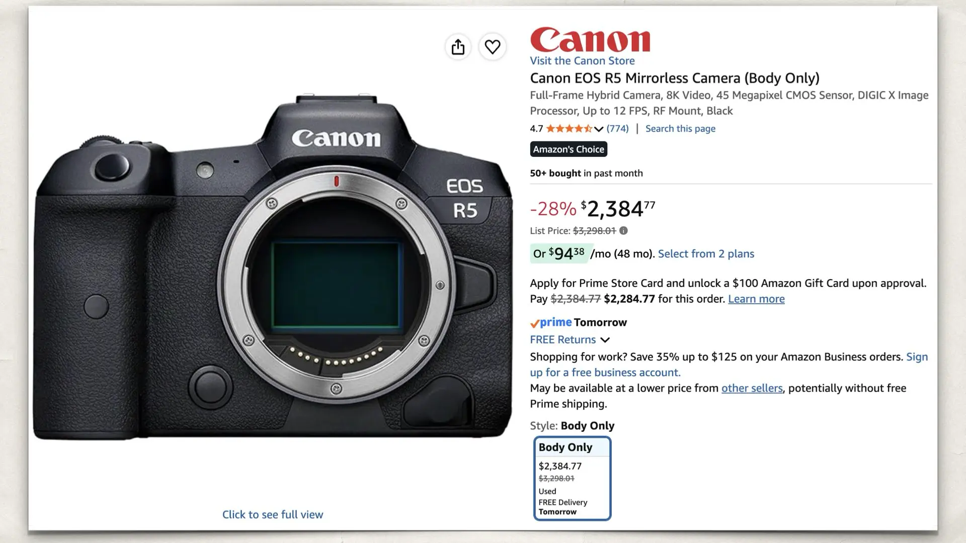 Canon EOS R5 on Amazon