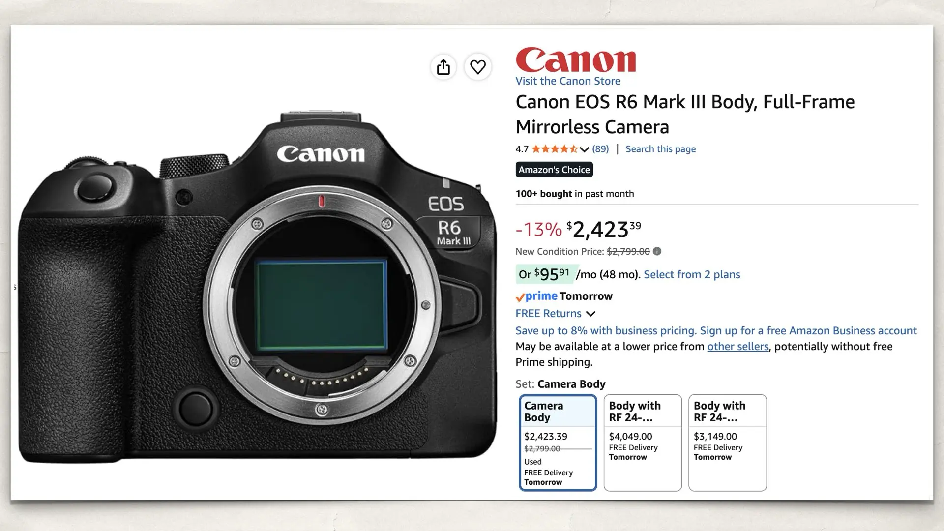 Canon EOS R6 Mark III on Amazon