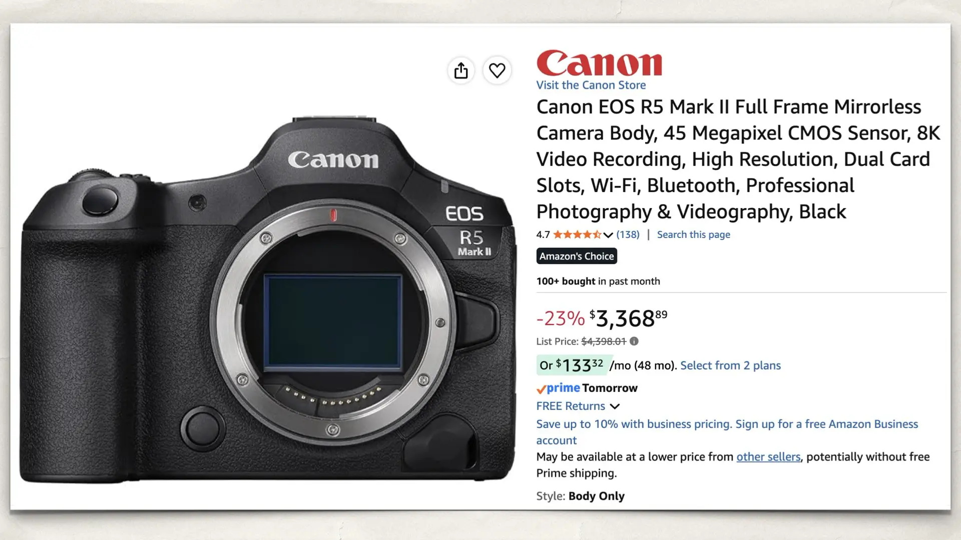 Canon EOS R5 Mark II on Amazon