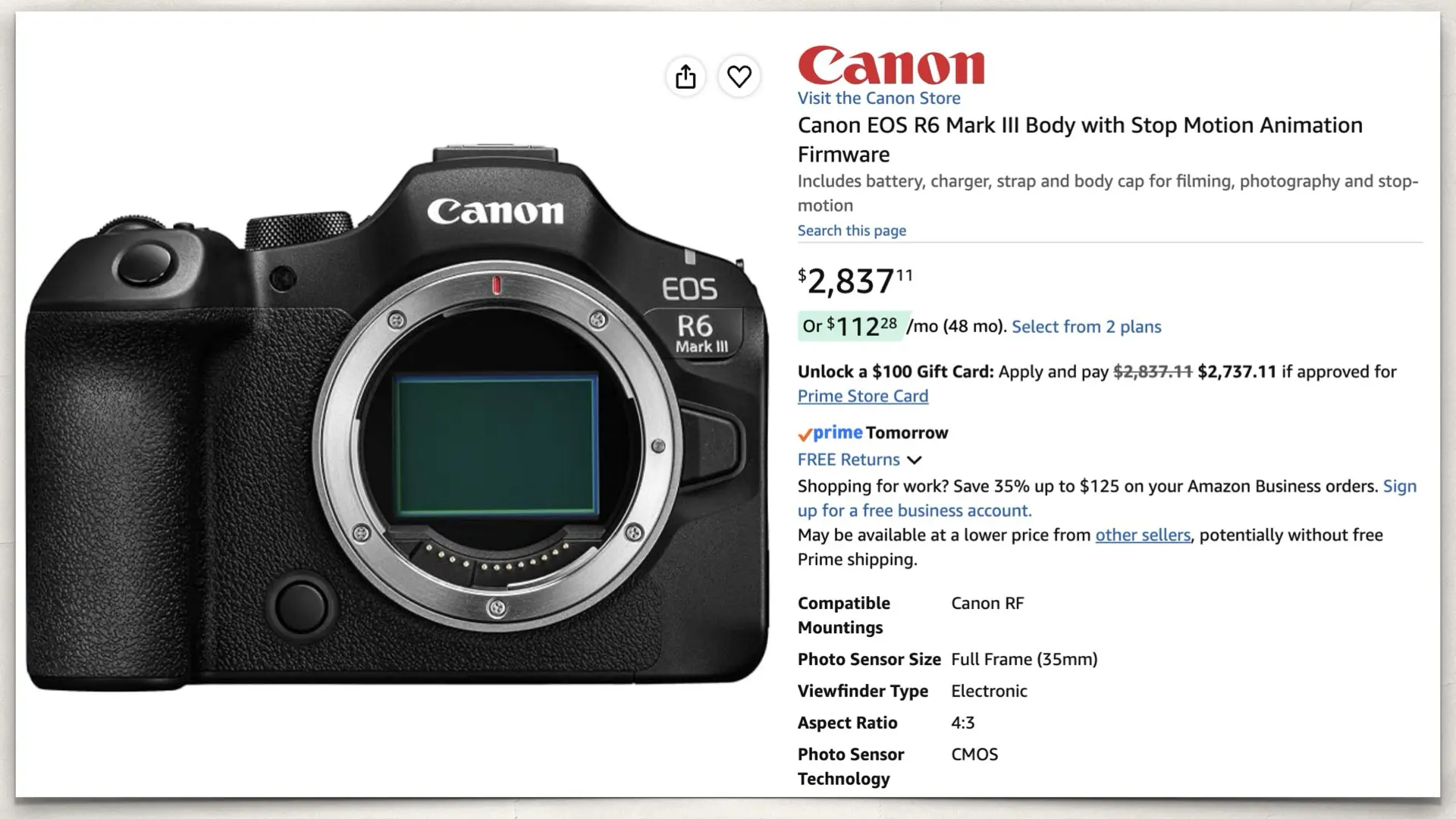 Canon EOS R6 Mark III Body with Stop Motion Animation Firmware on Amazon