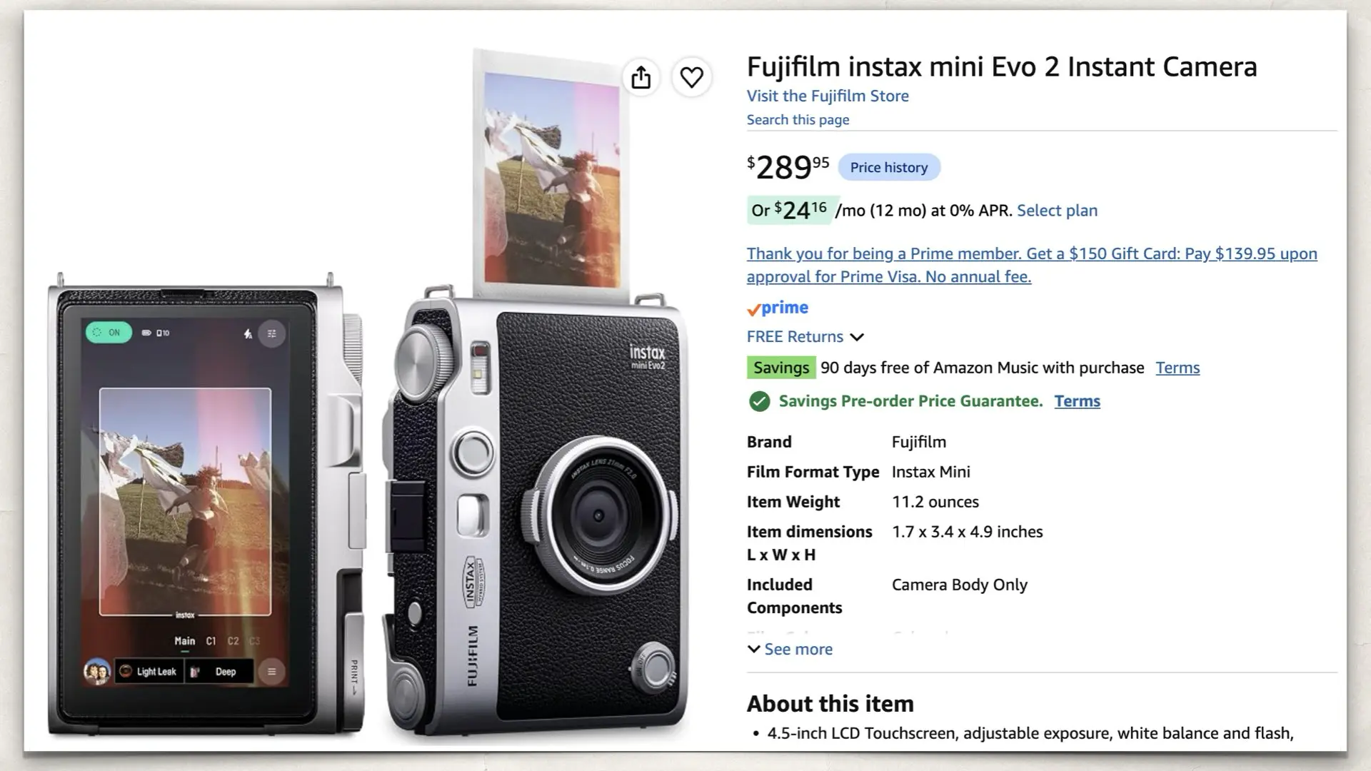 The Instax mini EVO 2 on Amazon
