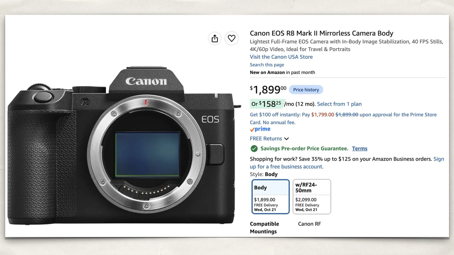 Canon EOS R8 Mark II on Amazon