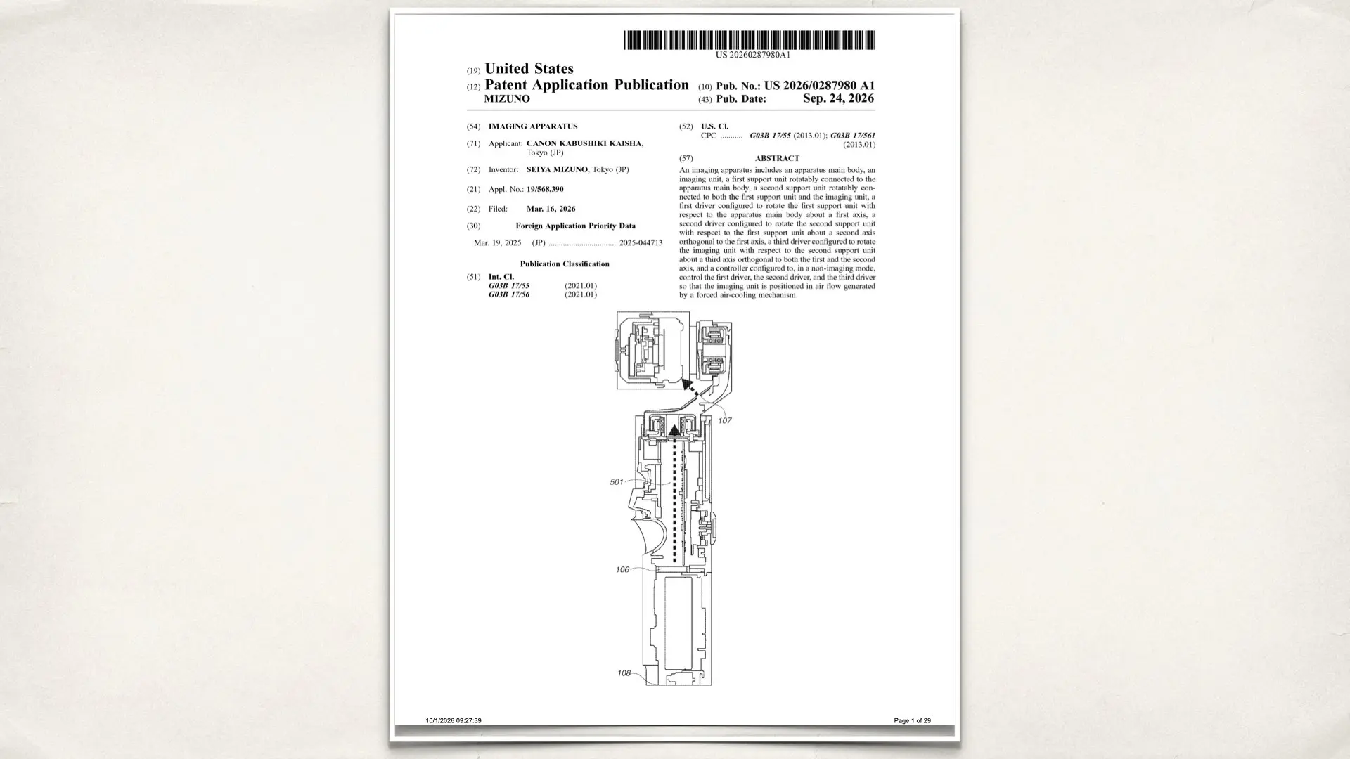 Canon U.S. patent application, US 2026/0287980 A1