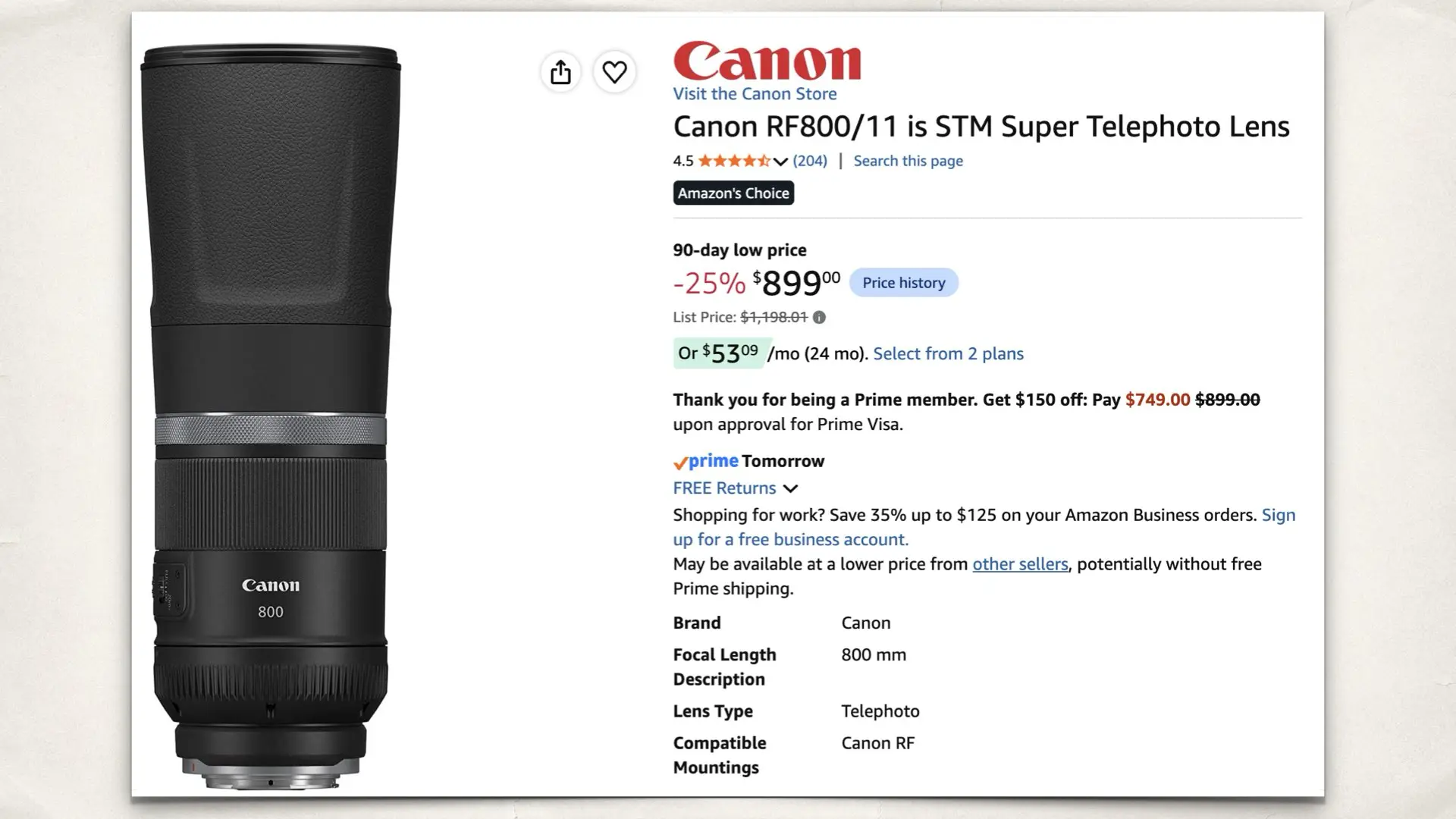 Canon RF800/11 is STM Super Telephoto Lens on Amazon