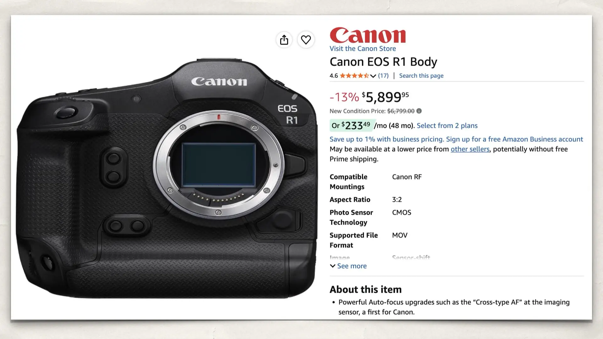 The Canon EOS R1 Body on Amazon