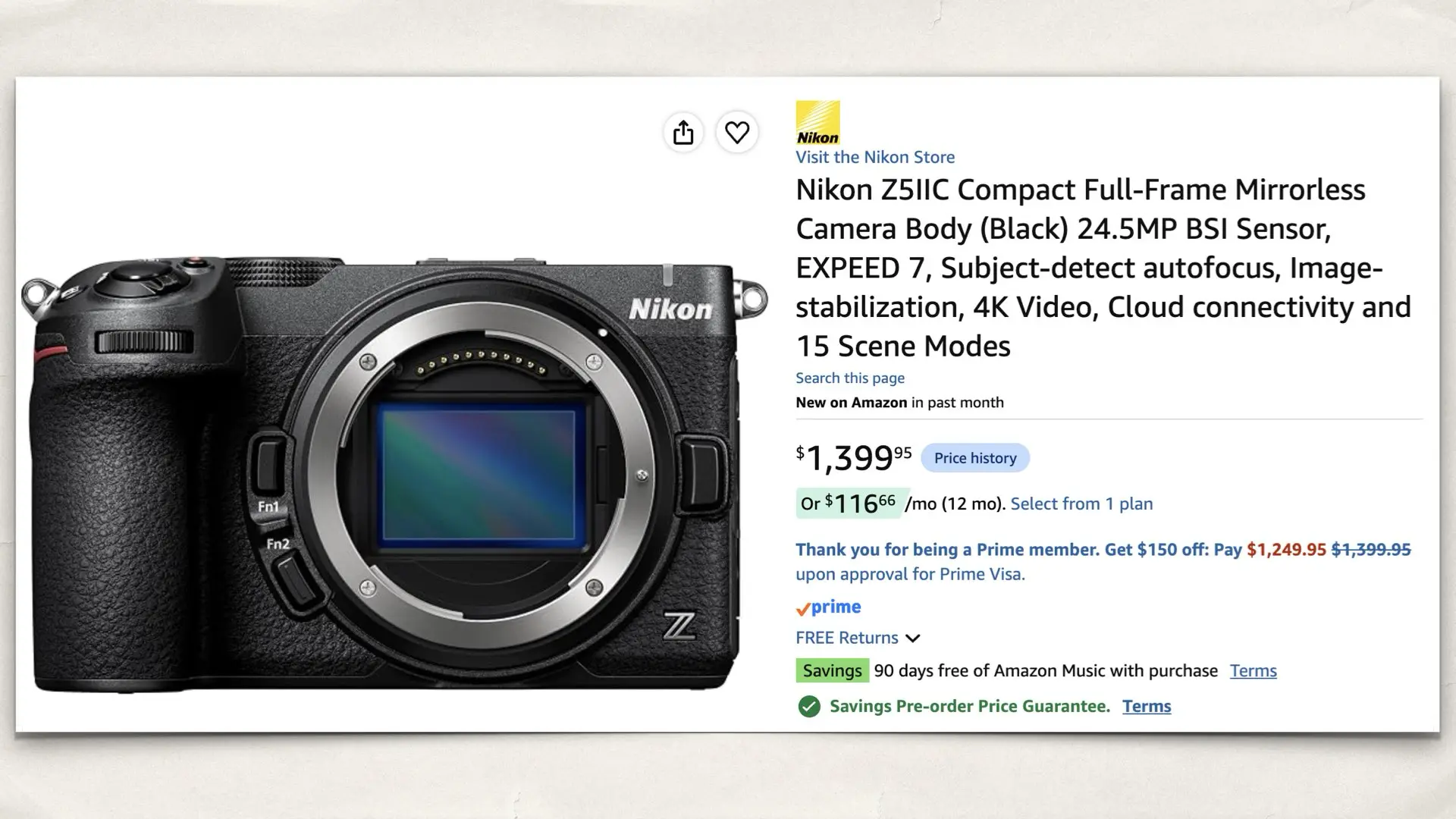 The Nikon Z5IIC Compact Full-Frame Mirrorless Camera on Amazon