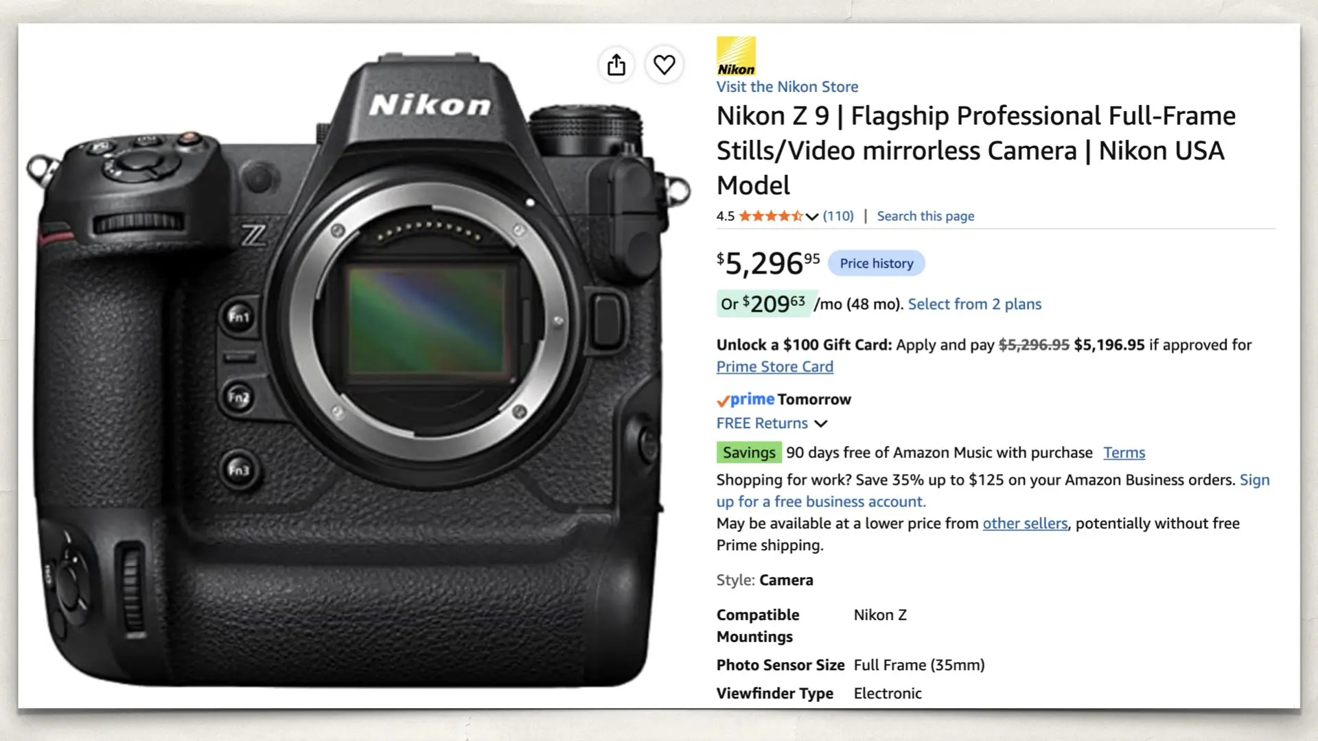 The Nikon Z 9 on Amazon