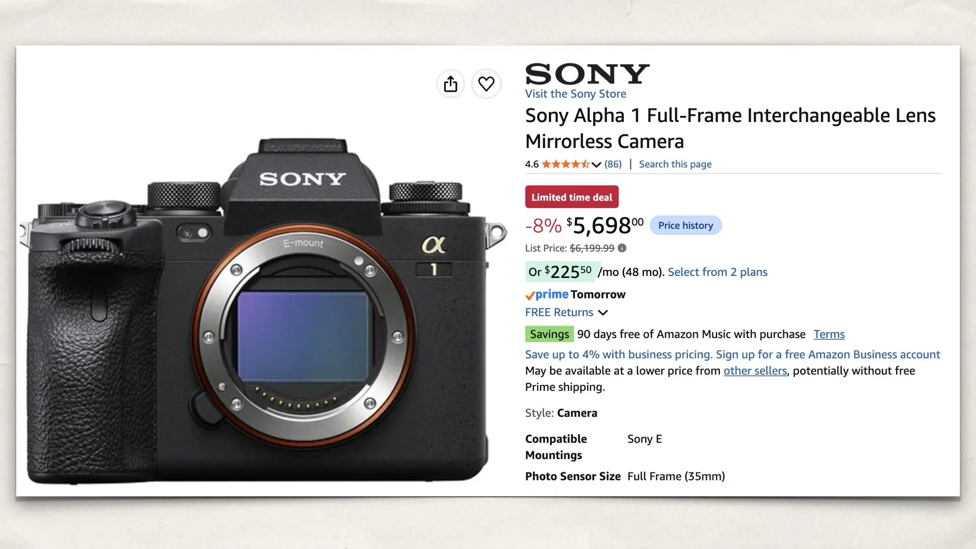 The Sony Alpha 1 on Amazon