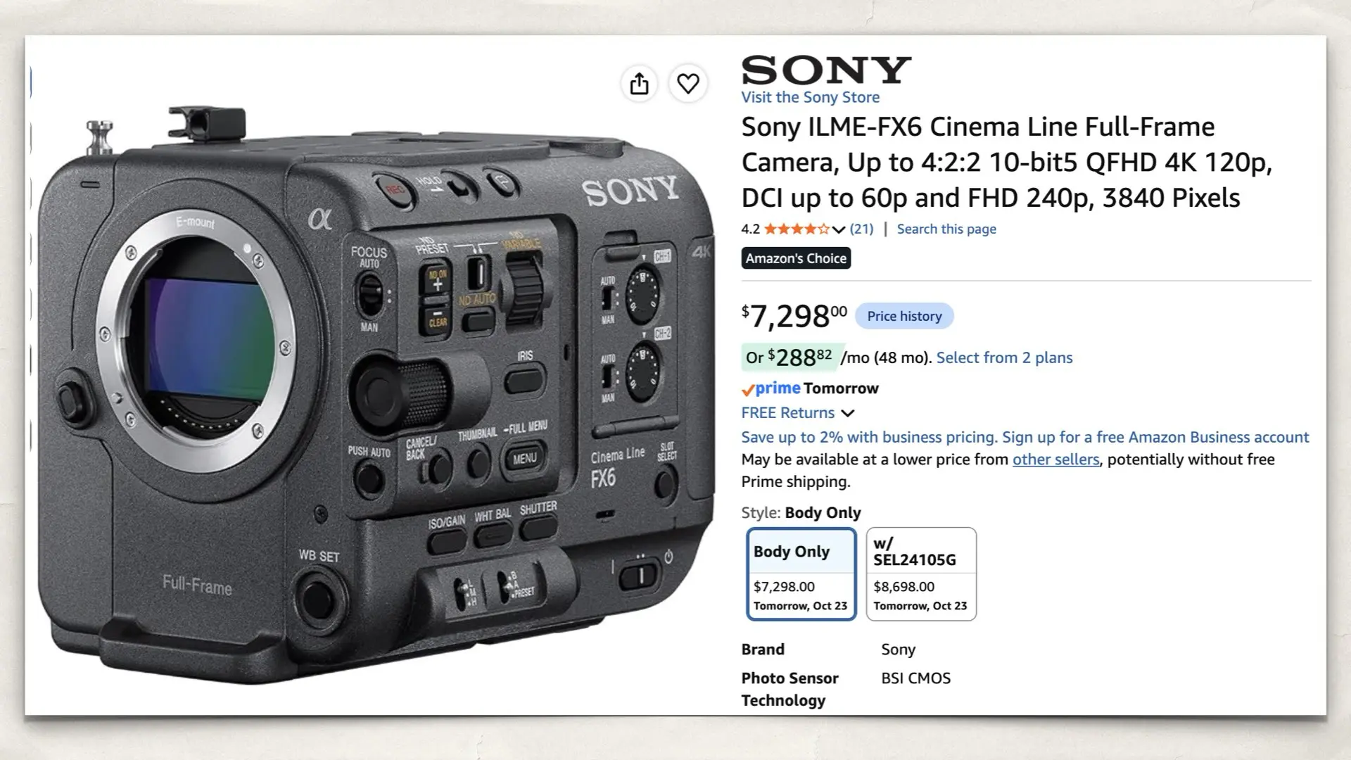 The Sony ILME-FX6 Cinema Line Full-Frame Camera on Amazon