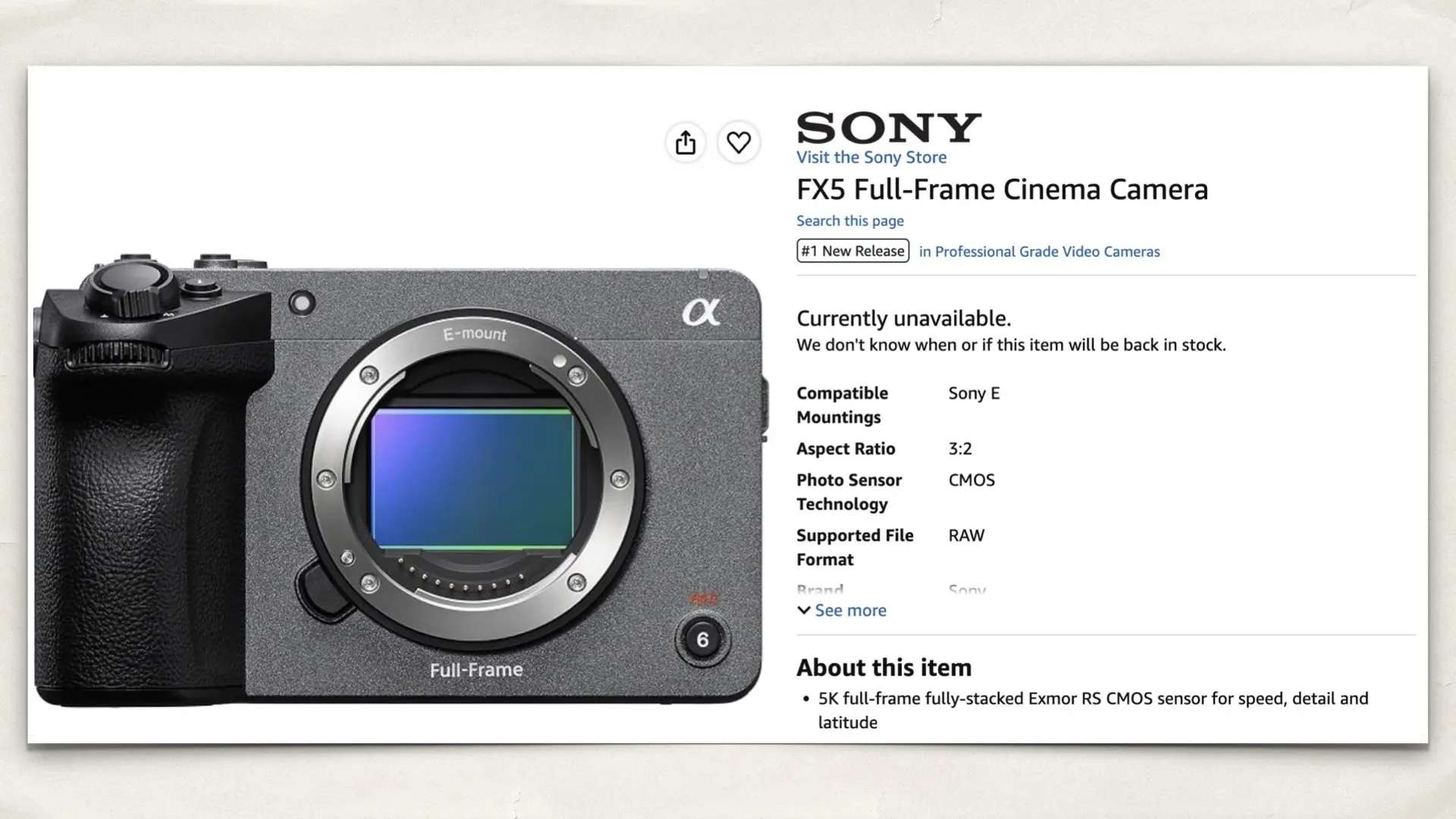 The FX5 Full-Frame Cinema Camera on Amazon