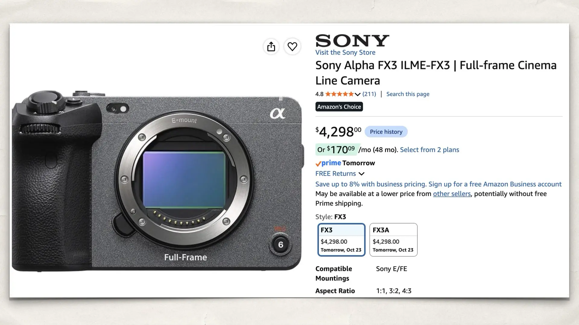 The Sony Alpha FX3 ILME-FX3 | Full-frame Cinema Line Camera on Amazon