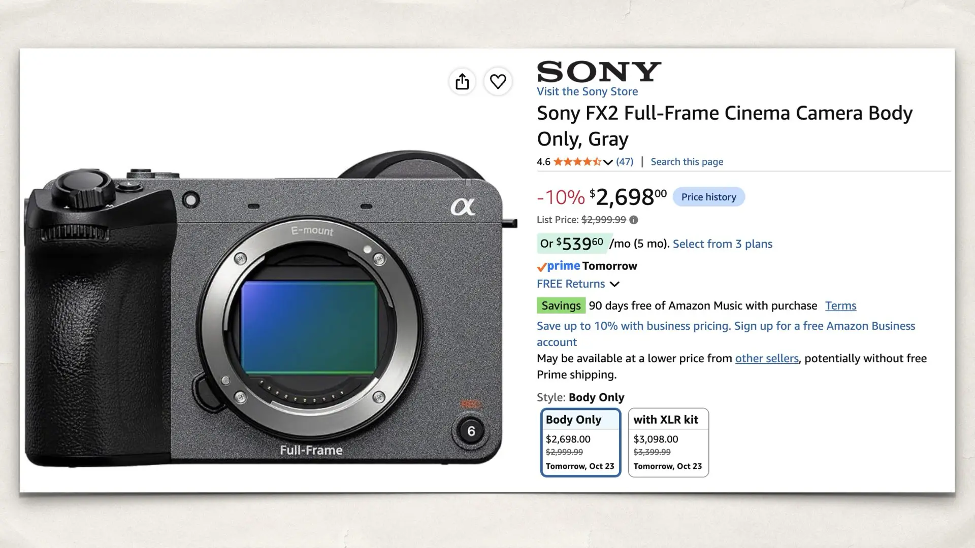 The Sony FX2 Full-Frame Cinema Camera on Amazon