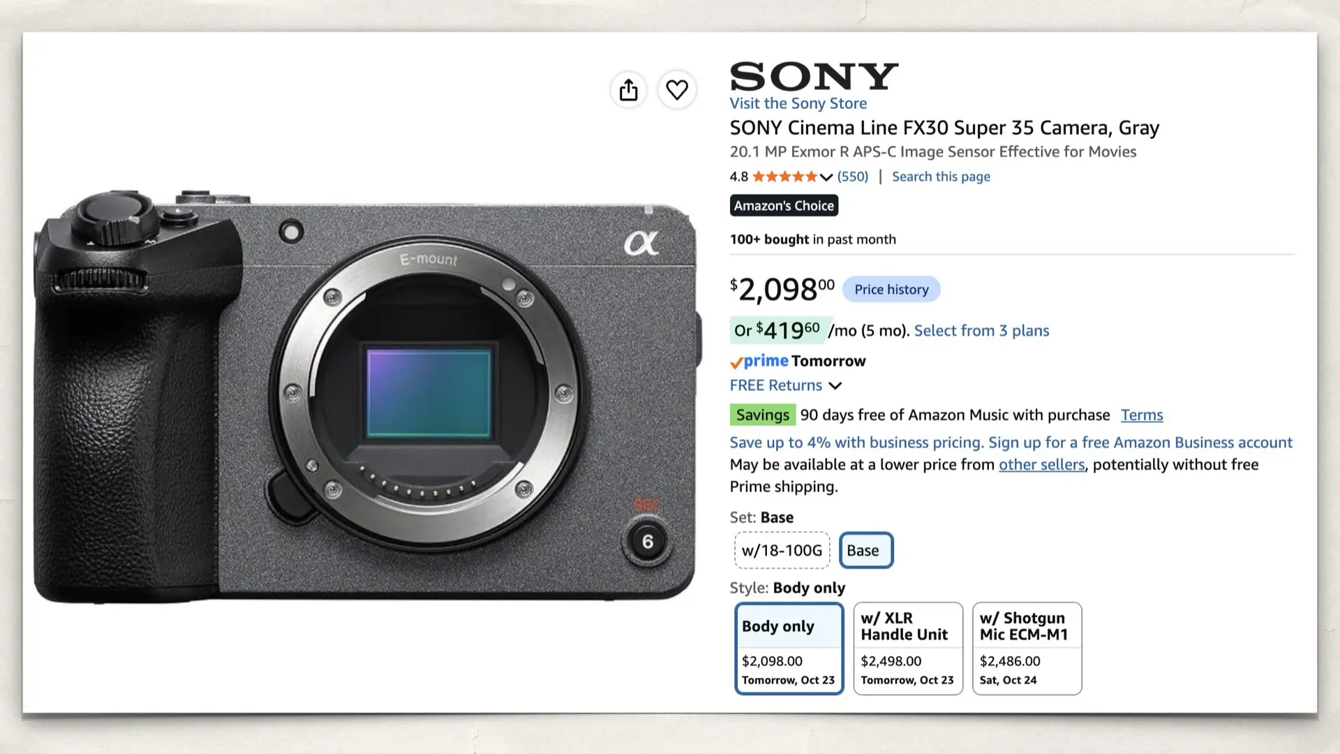 The SONY Cinema Line FX30 Super 35 Camera on Amazon