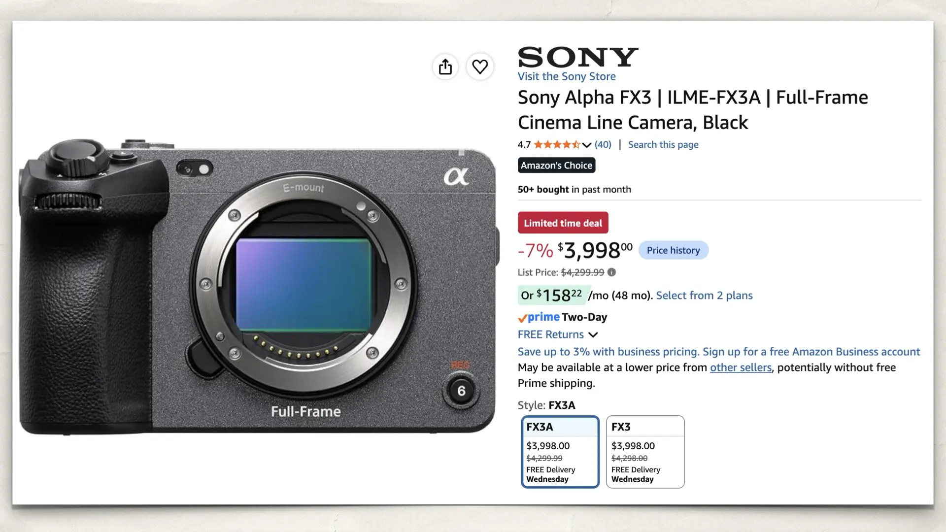 The Sony FX3 on Amazon