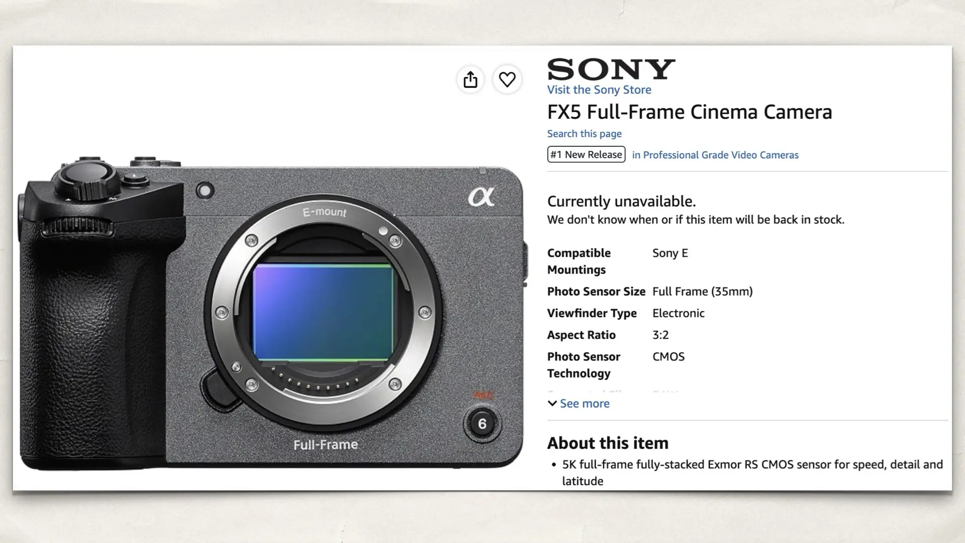 The FX5 Full-Frame Cinema Camera on Amazon