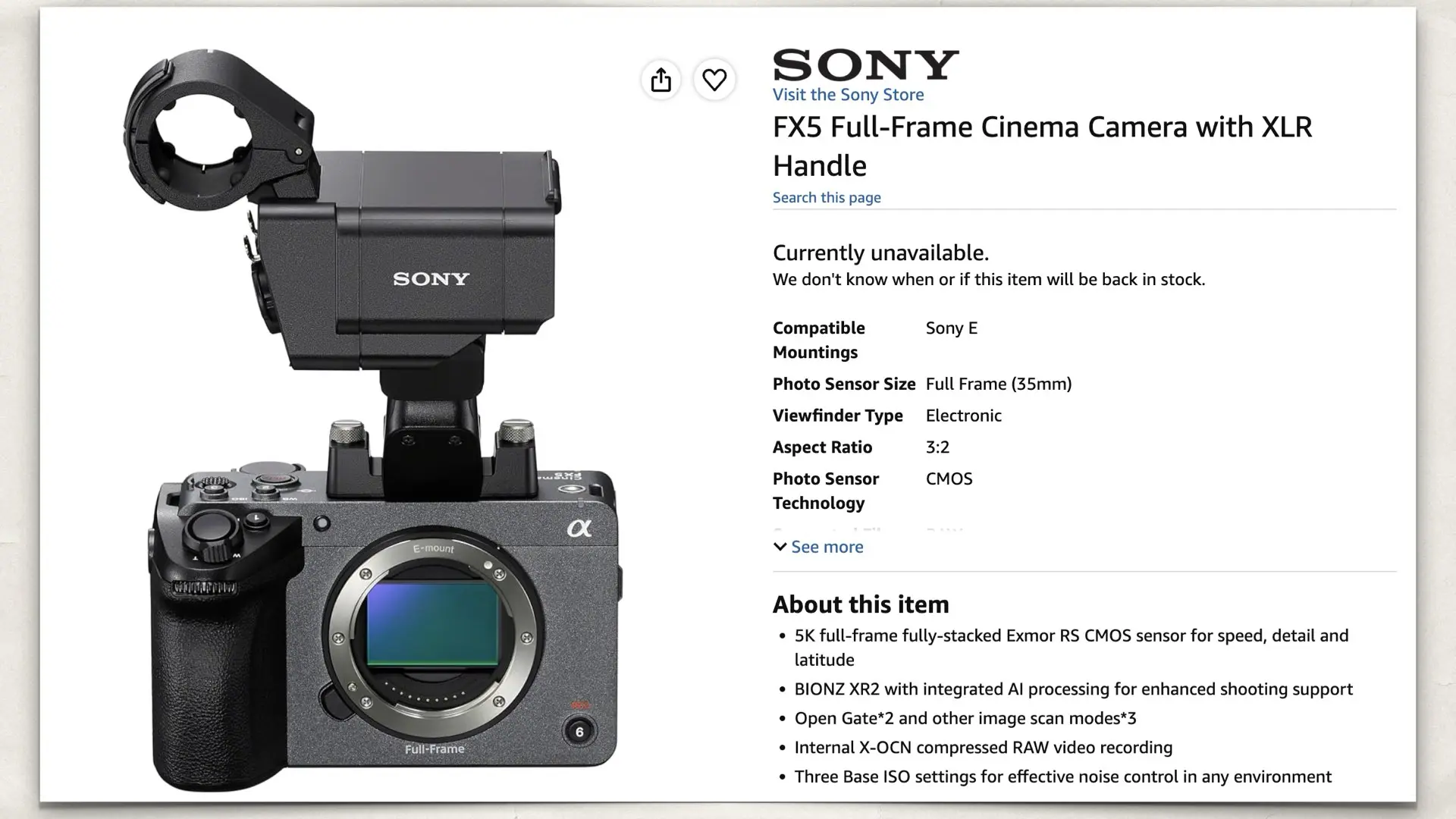 FX5 Full-Frame Cinema Camera with XLR Handle on Amazon