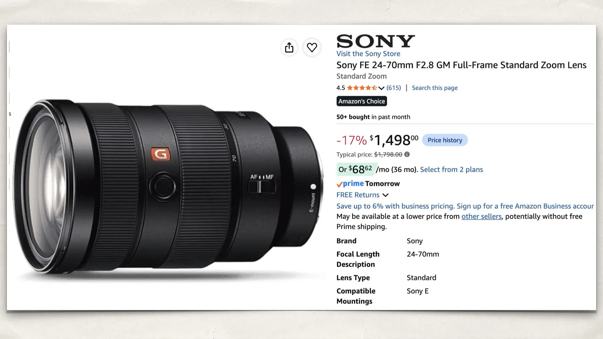 Sony FE 24-70mm F2.8 GM Full-Frame Standard Zoom Lens on Amazon