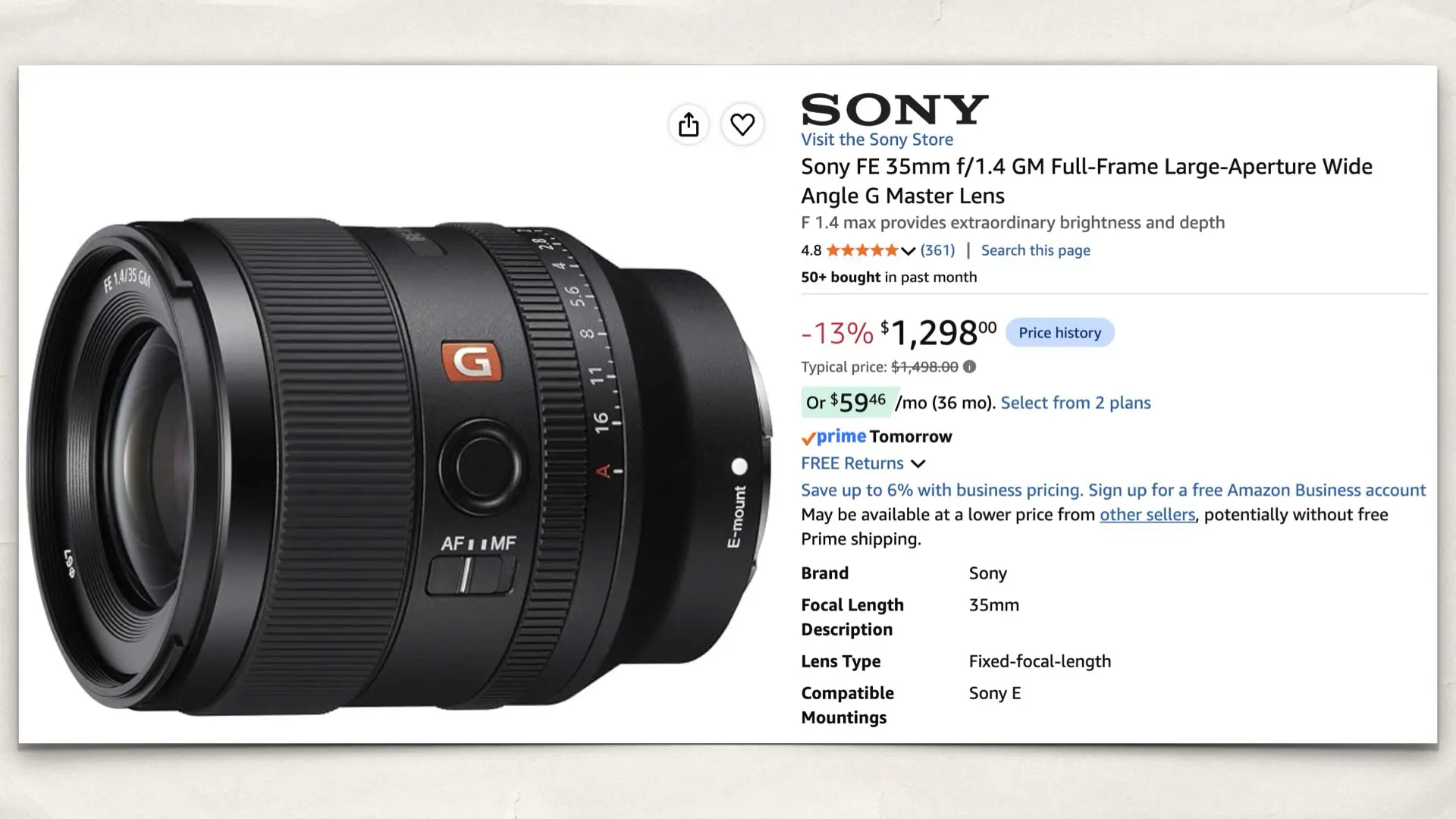 Sony FE 35mm f/1.4 GM Full-Frame Large-Aperture Wide Angle G Master Lens on Amazon