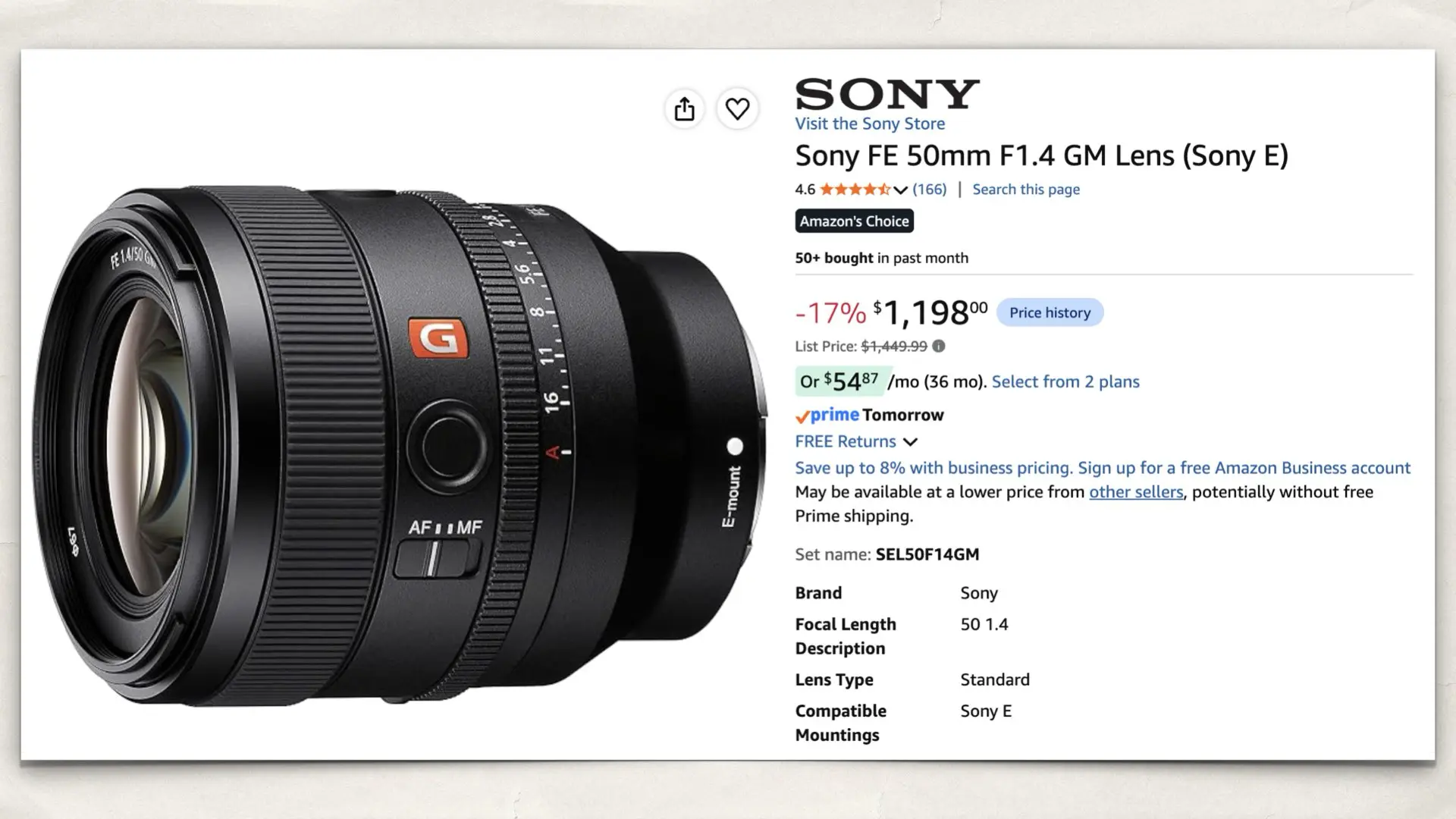 Sony FE 50mm F1.4 GM Lens (Sony E) on Amazon