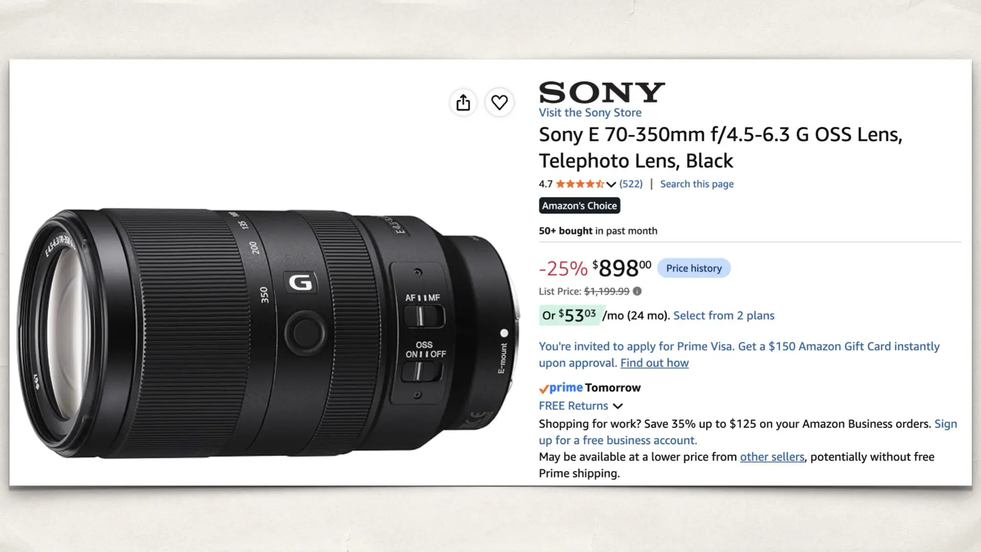 Sony E 70-350mm f/4.5-6.3 G OSS Lens, Telephoto Lens on Amazon