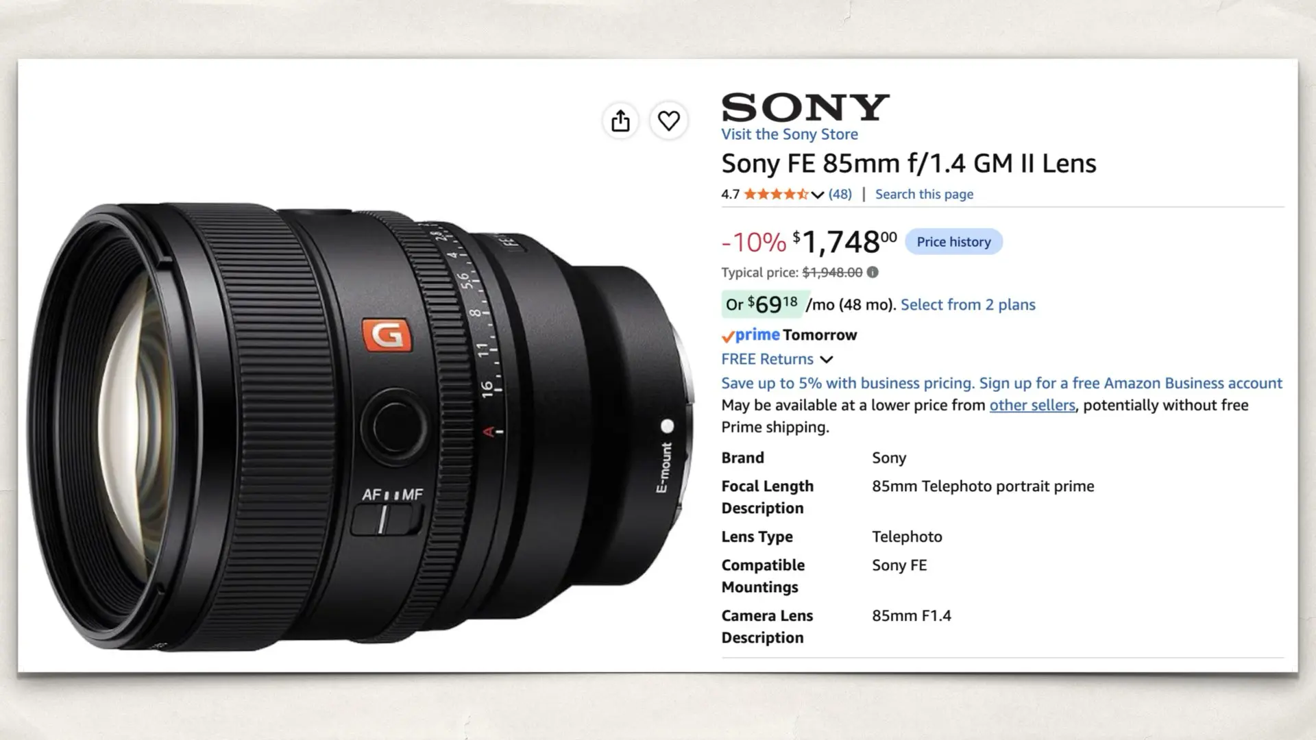 Sony FE 85mm f/1.4 GM II Lens on Amazon