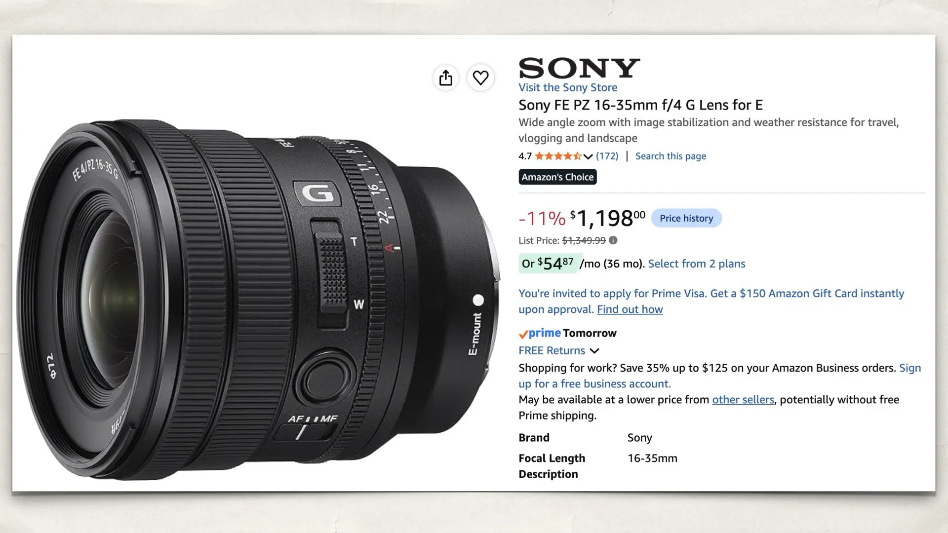 Sony FE PZ 16-35mm f/4 G Lens for E on Amazon