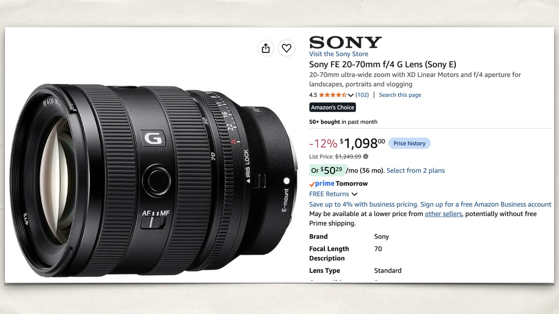 Sony FE 20-70mm f/4 G Lens (Sony E) on Amazon