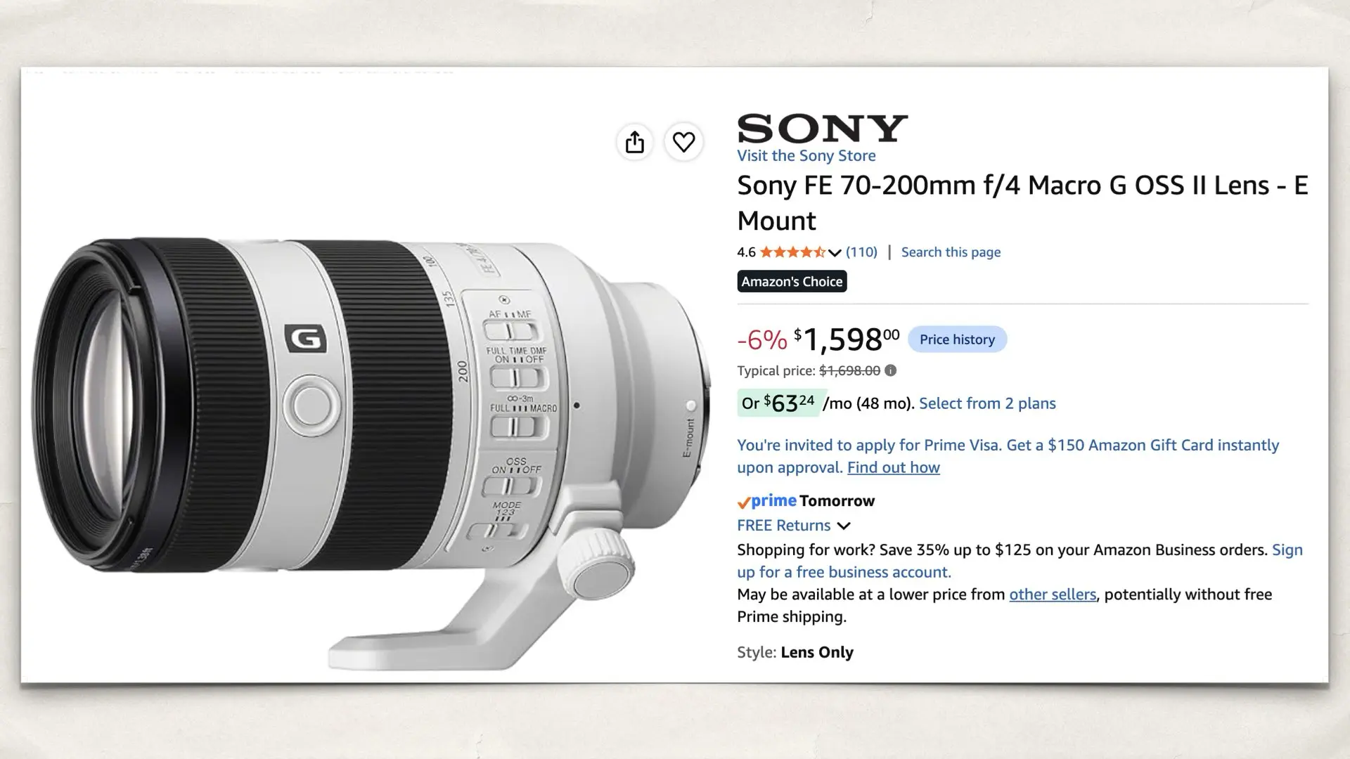 Sony FE 70-200mm f/4 Macro G OSS II Lens - E Mount on Amazon