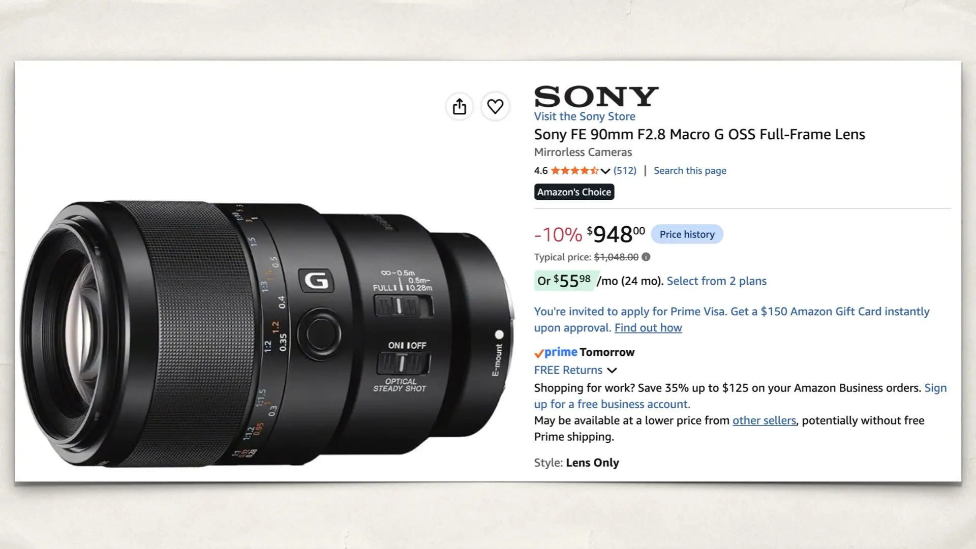 Sony FE 90mm F2.8 Macro G OSS Full-Frame Lens on Amazon