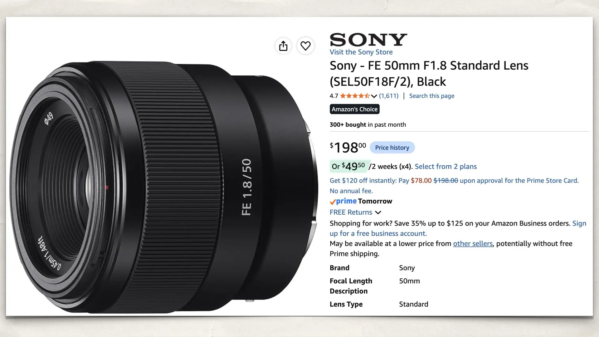 Sony - FE 50mm F1.8 on Amazon