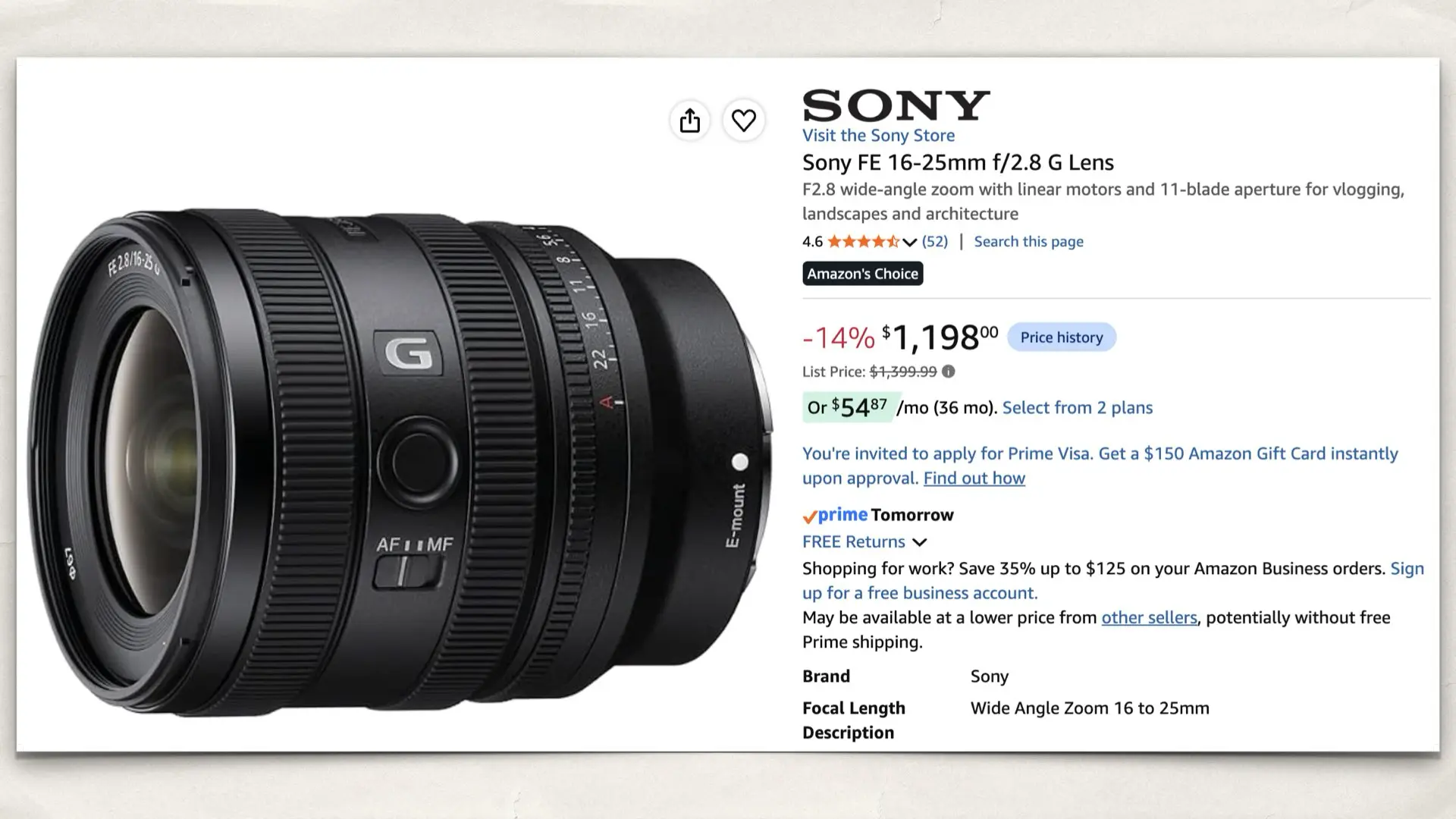 Sony FE 16-25mm f/2.8 G Lens on Amazon