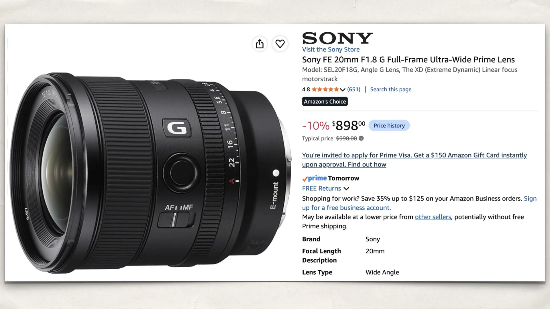 Sony FE 20mm F1.8 G Full-Frame Ultra-Wide Prime Lens on Amazon