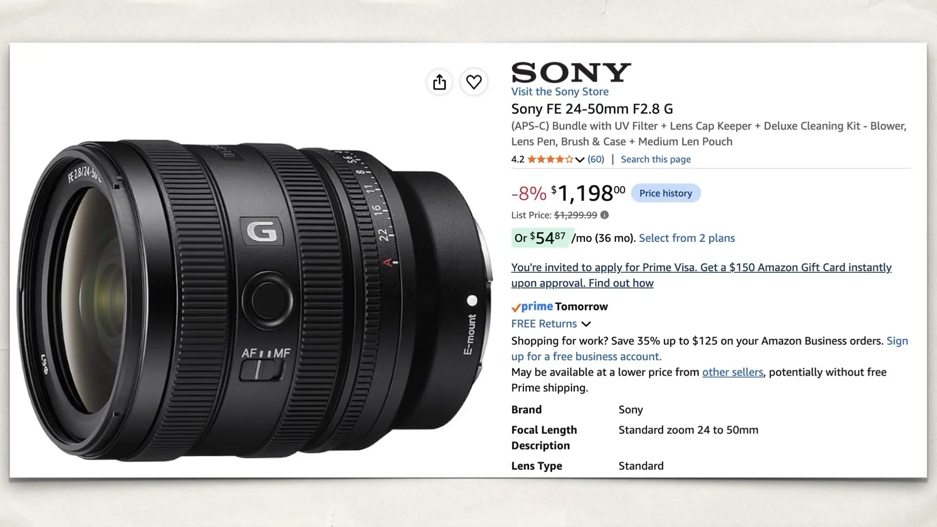 Sony FE 24-50mm F2.8 G on Amazon