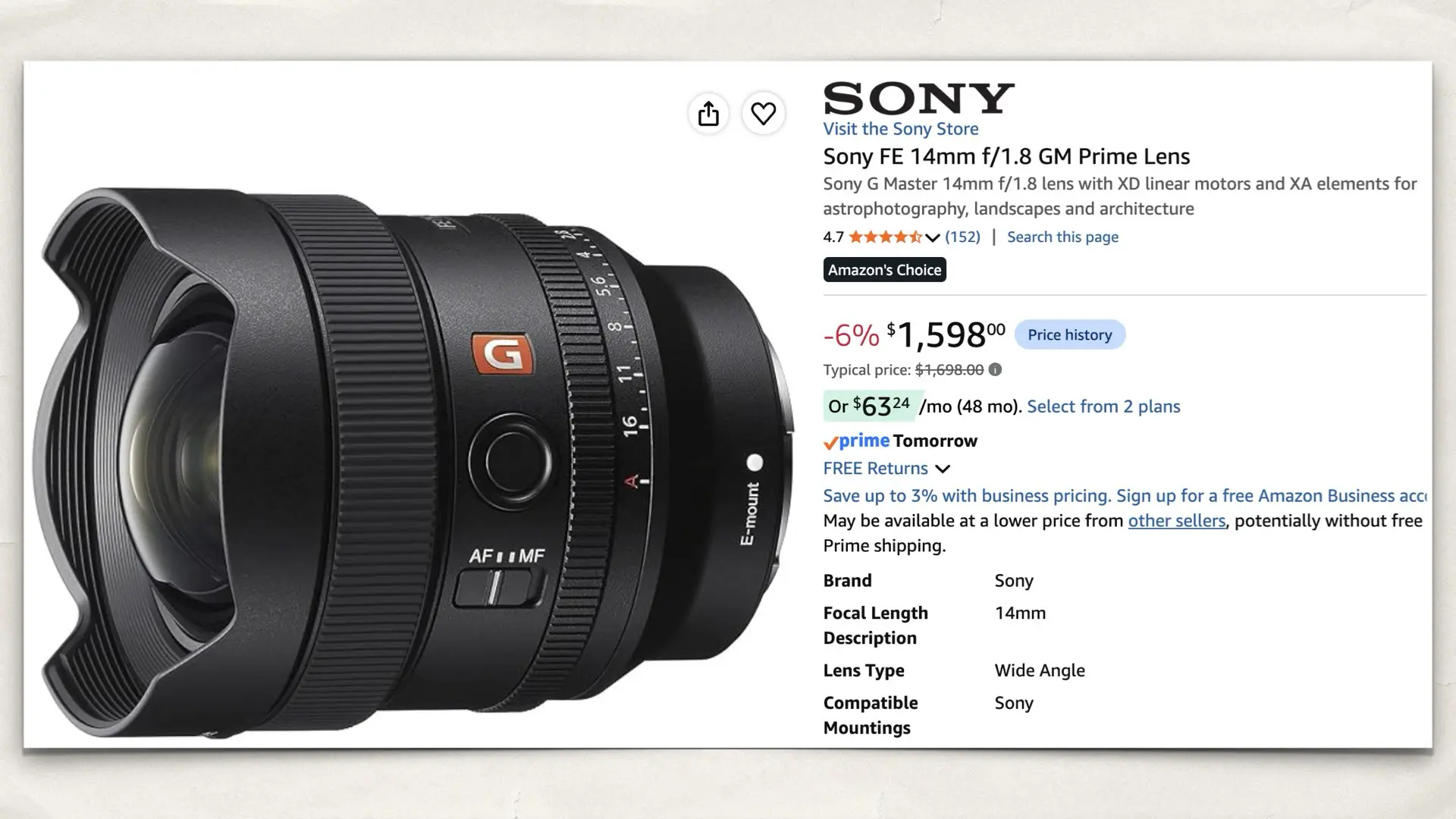 Sony FE 14mm f/1.8 GM Prime Lens on Amazon