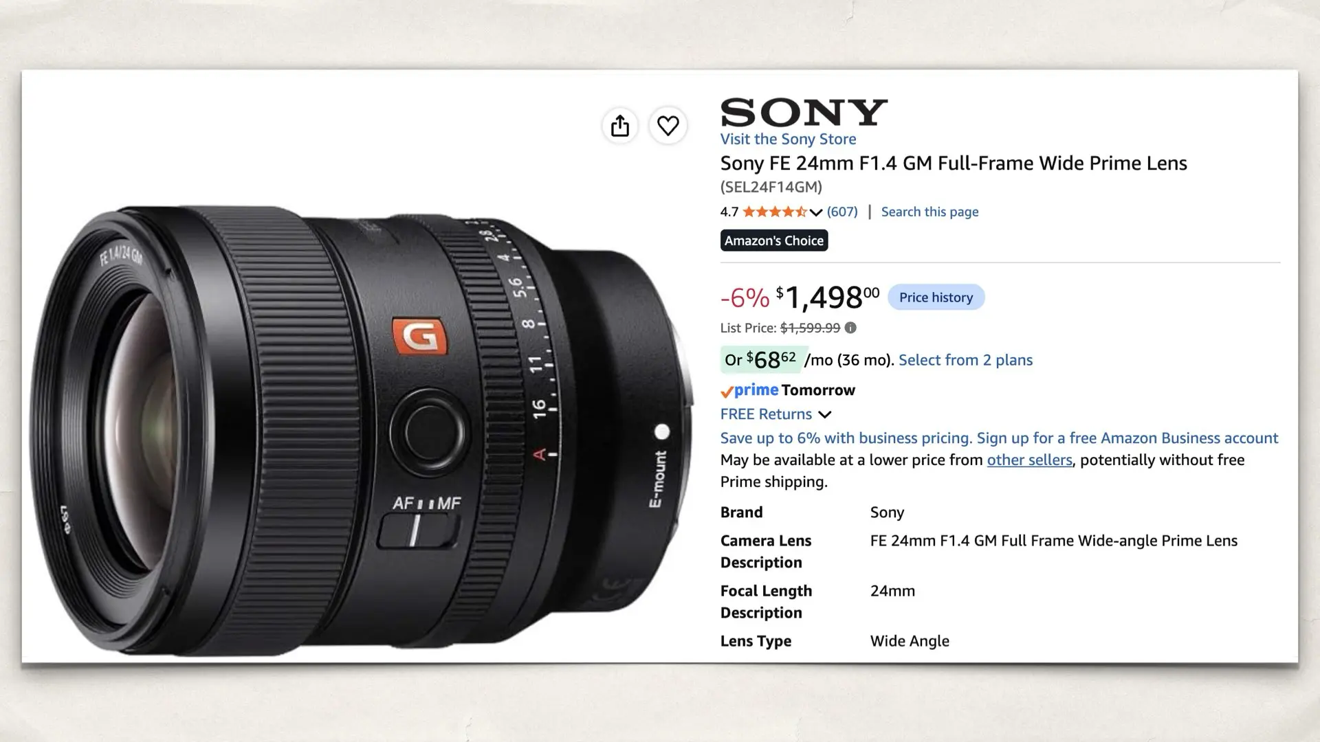 Sony FE 24mm F1.4 GM Full-Frame Wide Prime Lens on Amazon