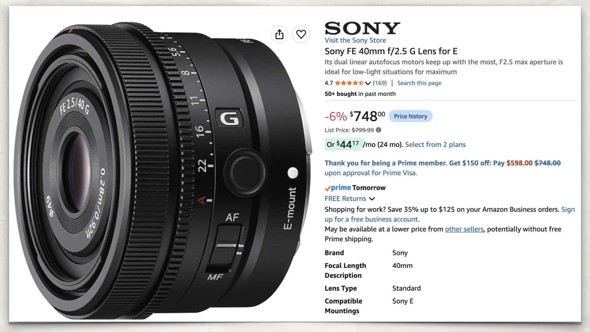Sony FE 40mm f/2.5 G Lens for E on Amazon