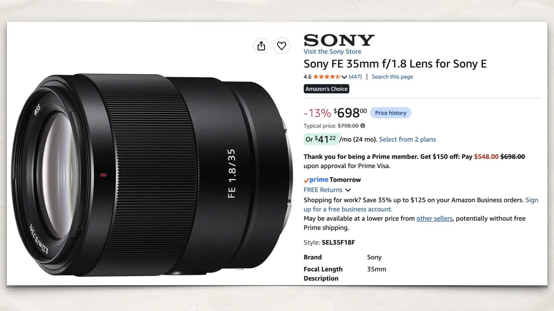 Sony FE 35mm f/1.8 Lens for Sony E on Amazon