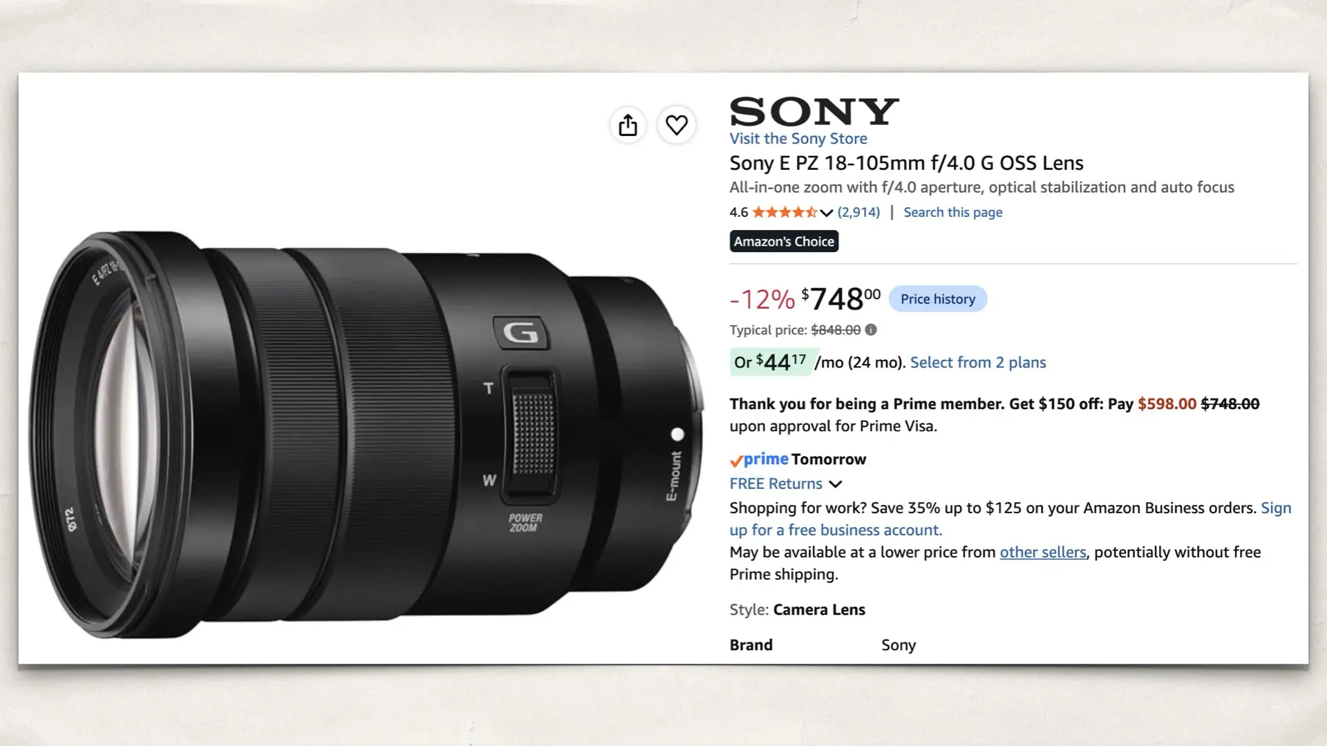 Sony E PZ 18-105mm f/4.0 G OSS Lens on Amazon