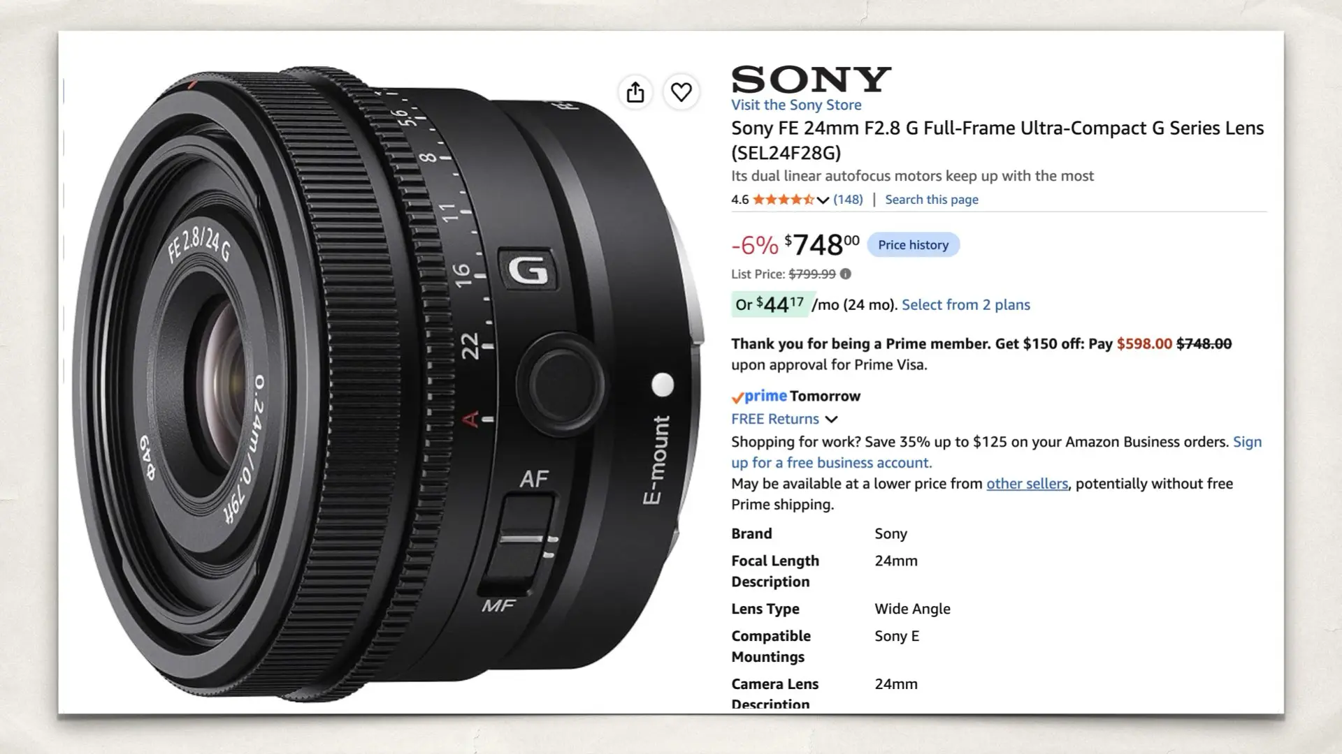 Sony FE 24mm F2.8 G Full-Frame Ultra-Compact G Series Lens on Amazon