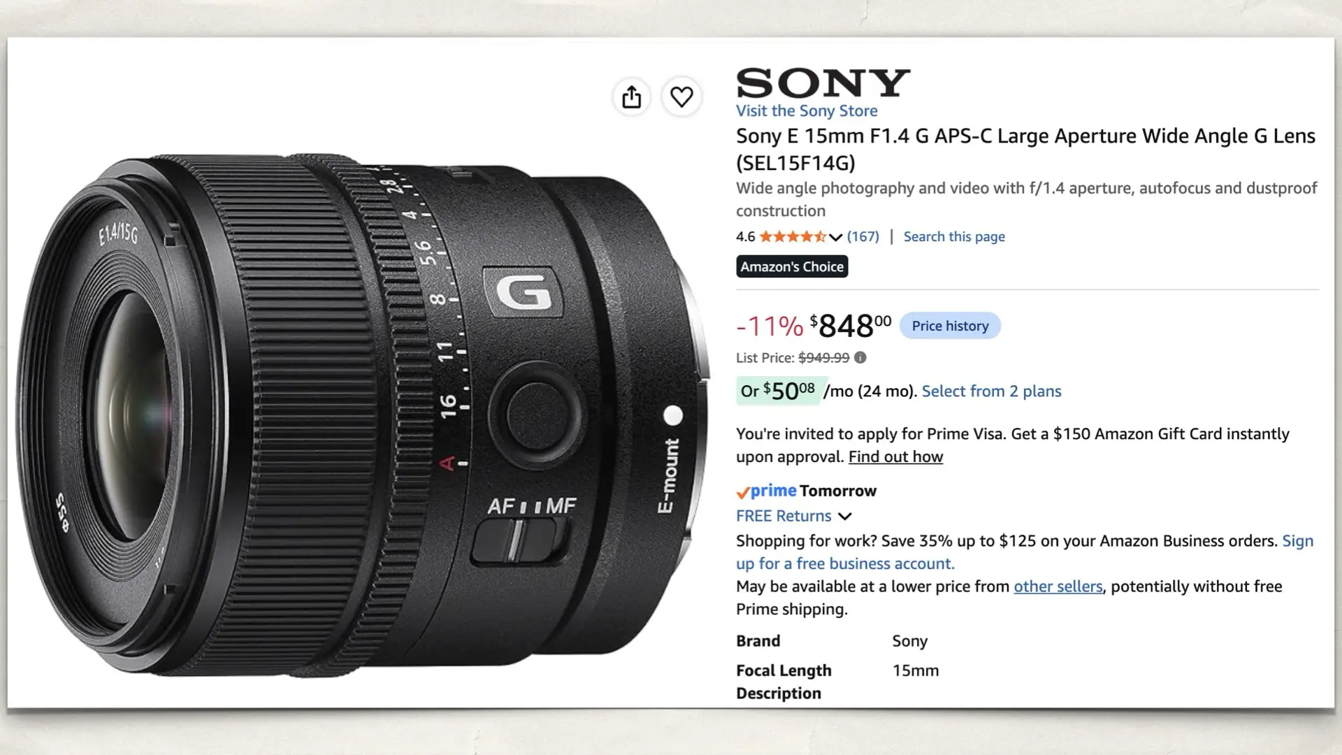 Sony E 15mm F1.4 G APS-C Large Aperture Wide Angle G on Amazon