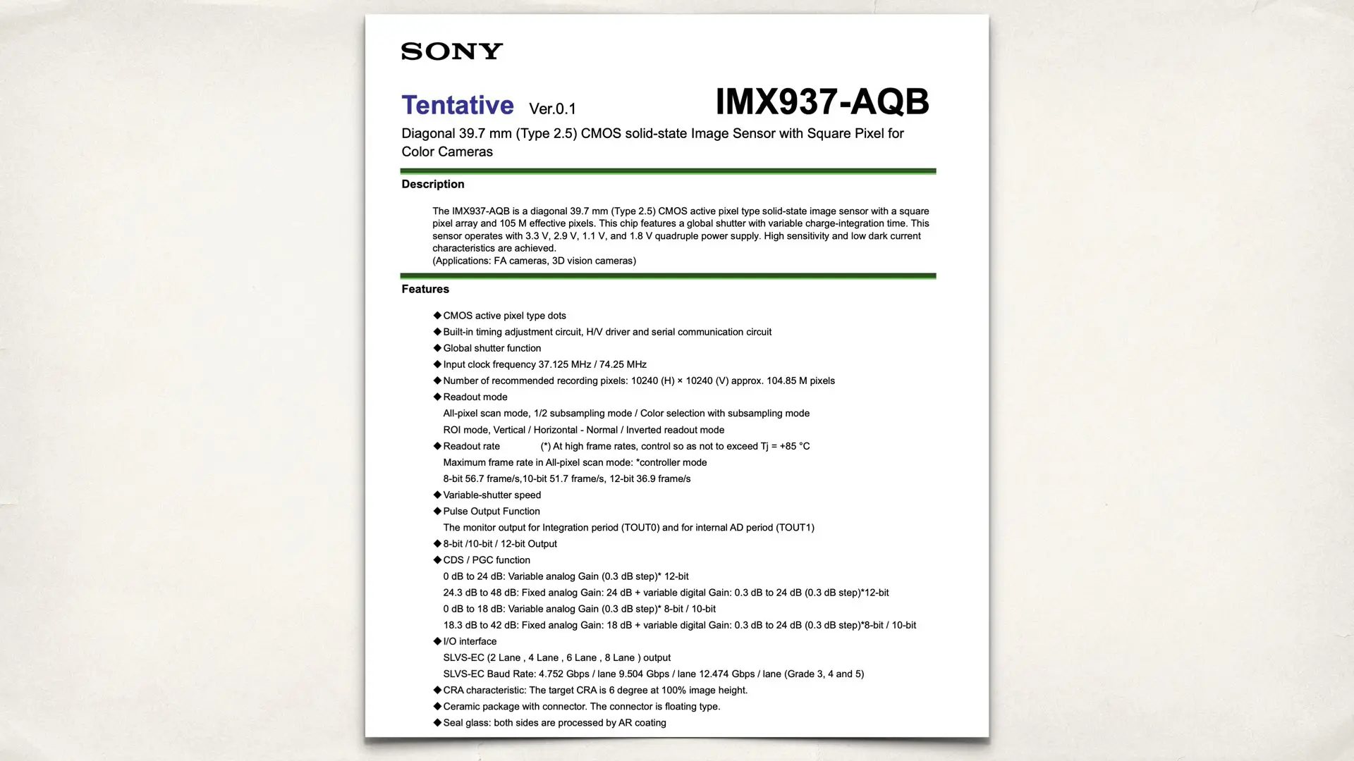 IMX937 sensor: Flyer of specifications