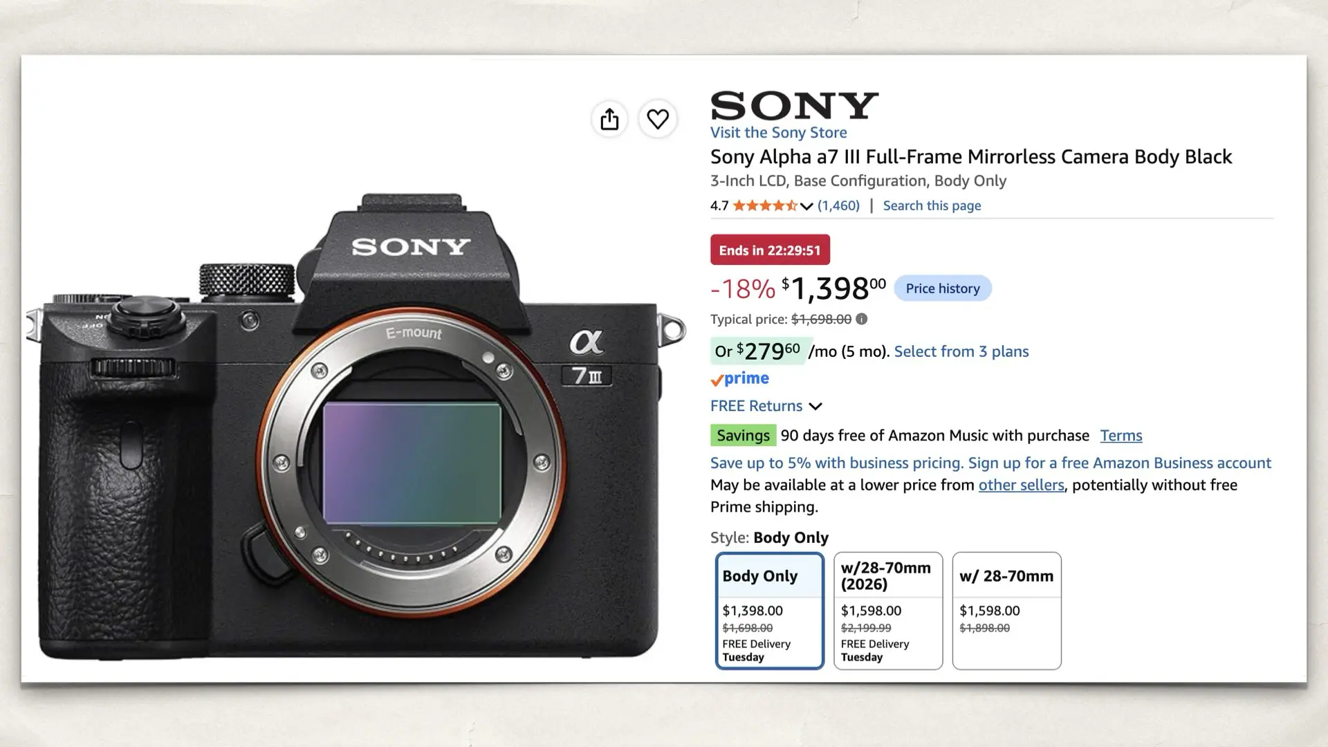 The Sony Alpha a7 III on Amazon
